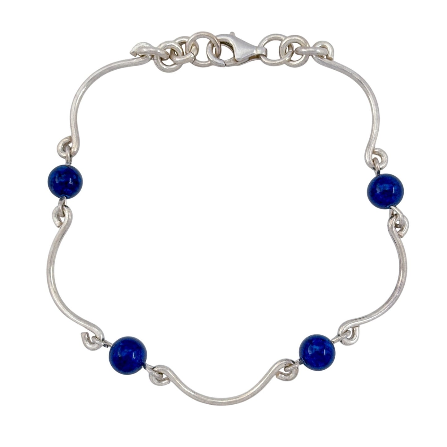 Vintage Sterling Silver 925 Blue Glass Bead Wavy Bracelet 7"-7.5"