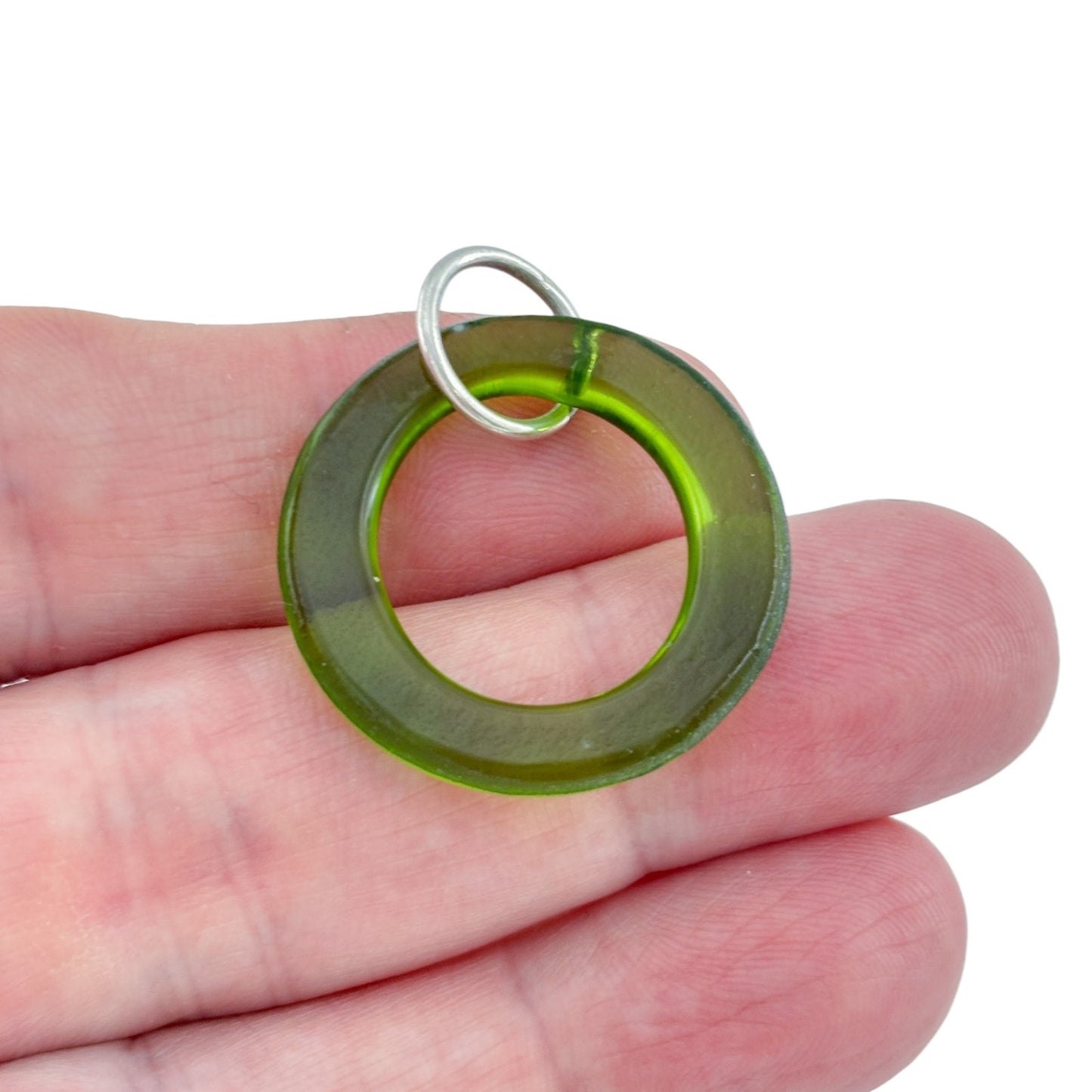 Vintage Green Plastic Ring Pendant with Silver Tone Bail