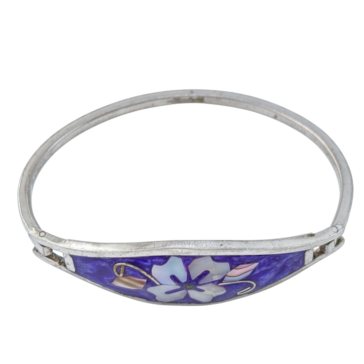 Vintage Alpaca Mexico Purple Abalone Flower Bangle Bracelet 6"
