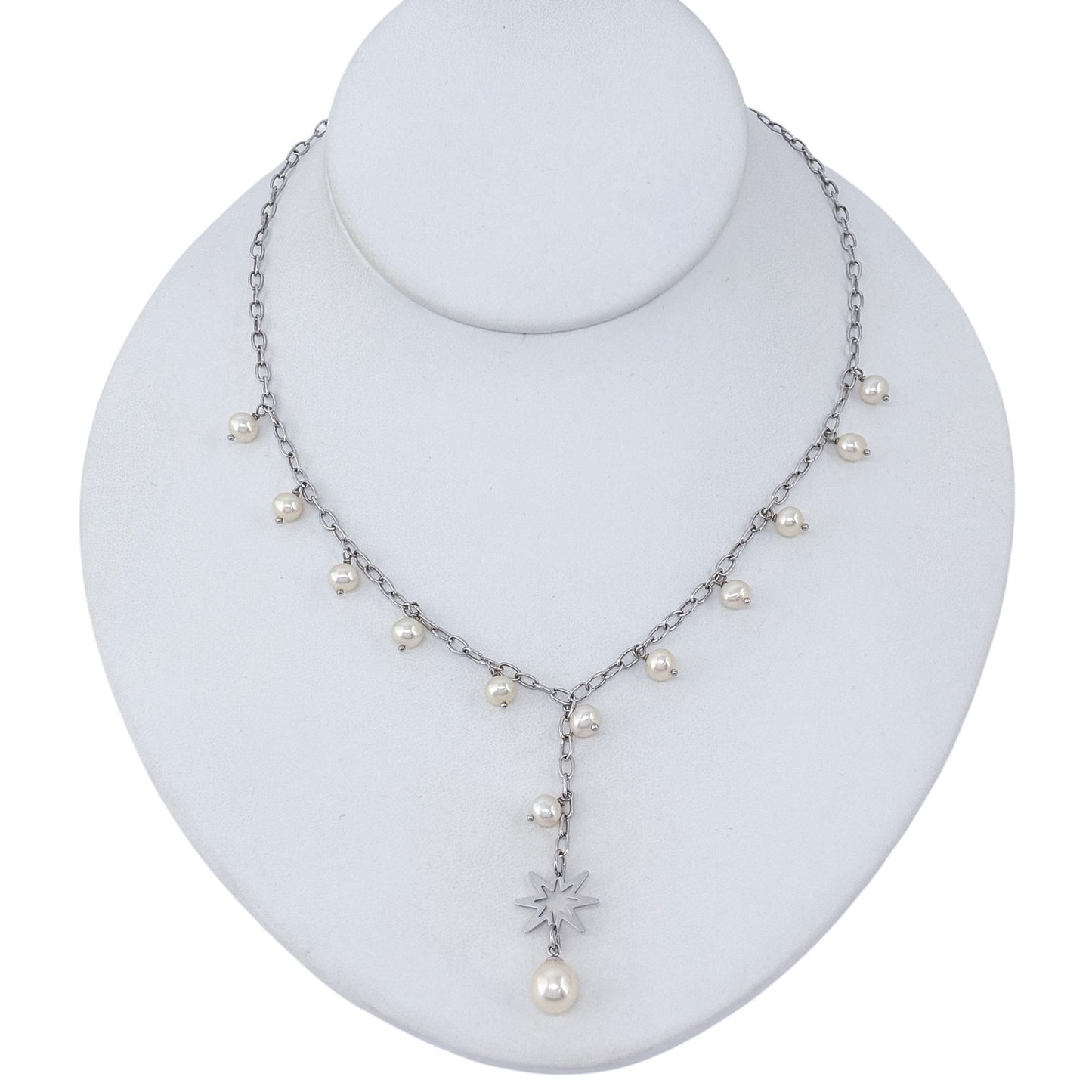 Vintage Sterling Silver 925 Pearl Star Lariat Necklace 16.5"-17.5"