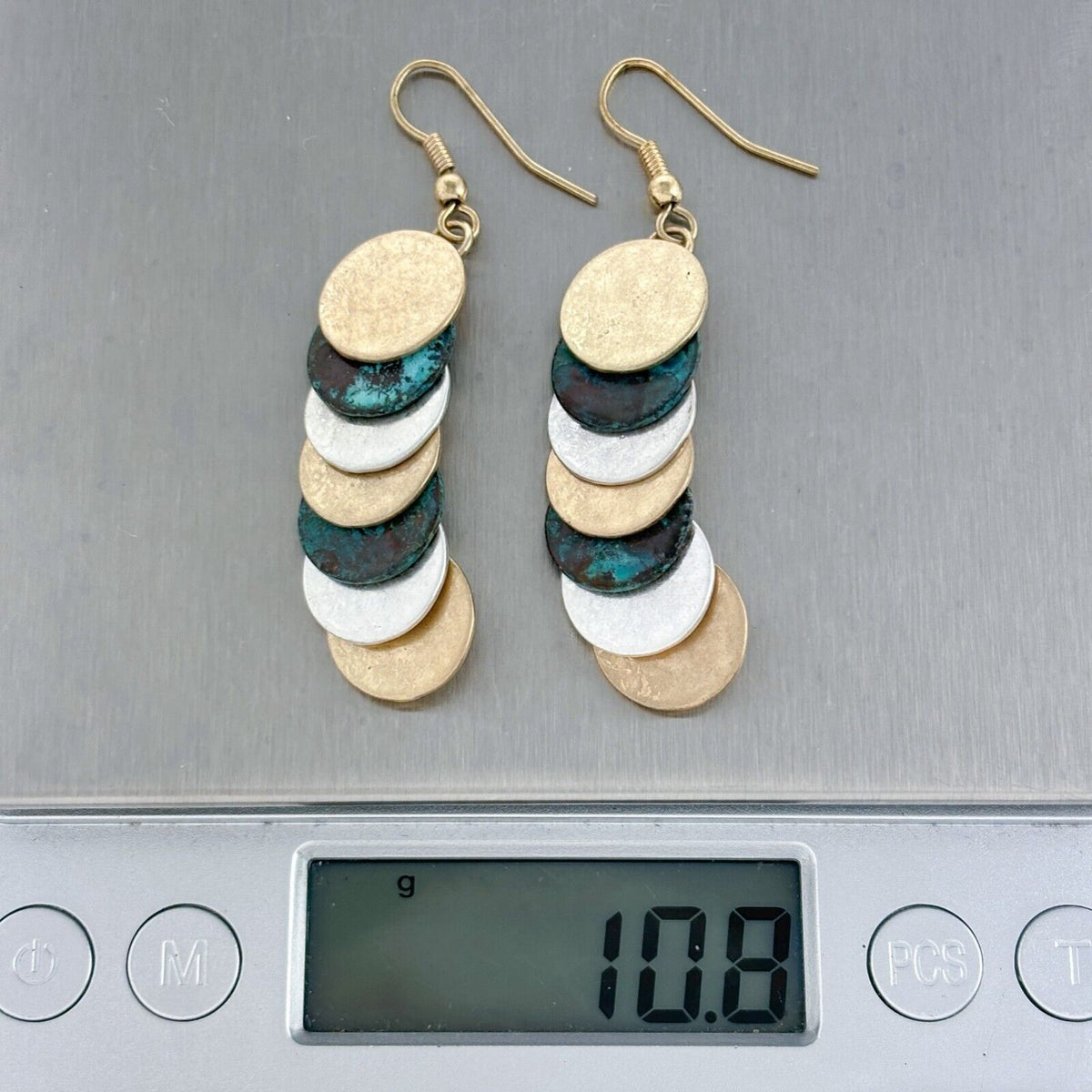Vintage Gold-Tone Teal Multi-Disc Dangle Earrings
