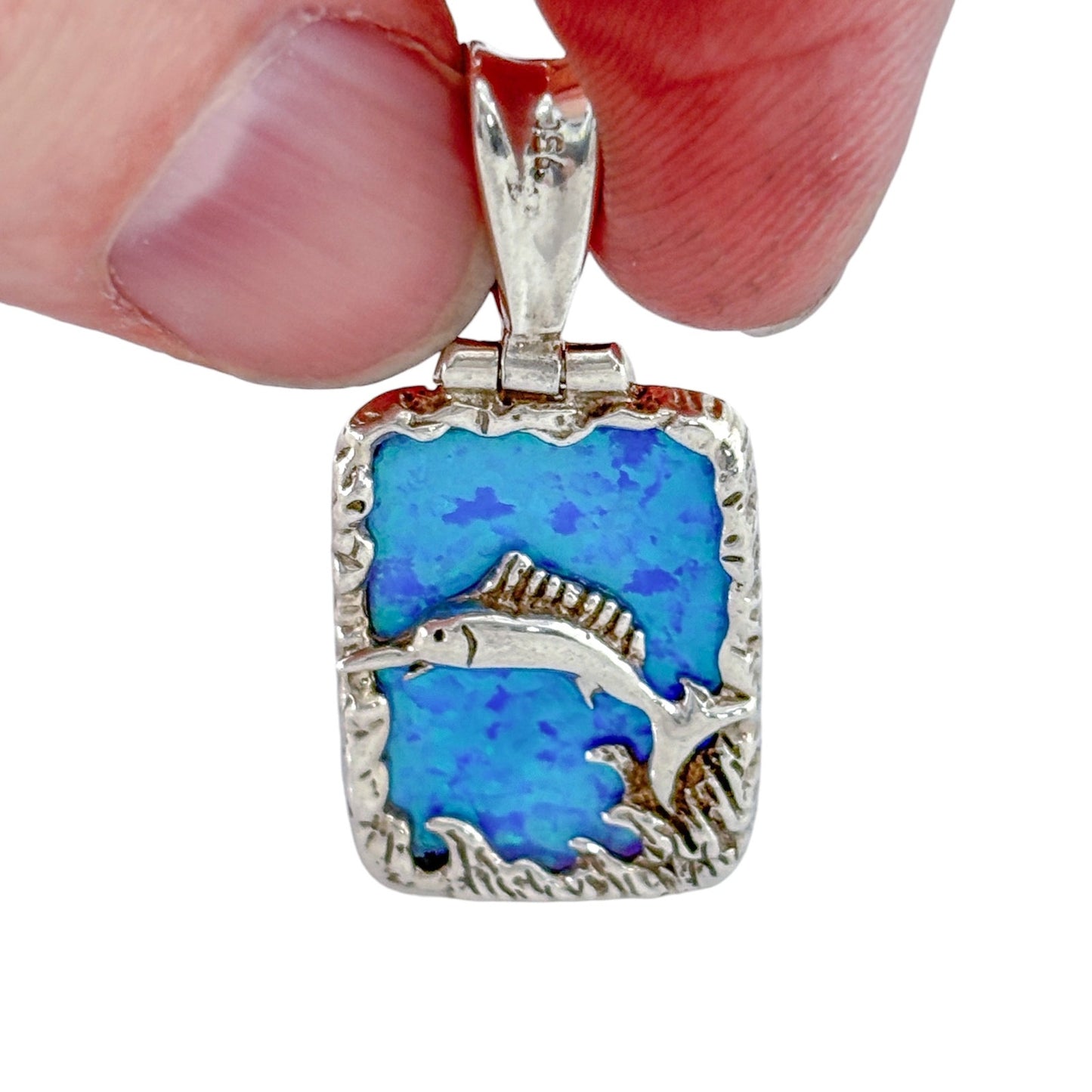 Vintage Sterling Silver 950 Reversible Blue Opal Swordfish Pendant