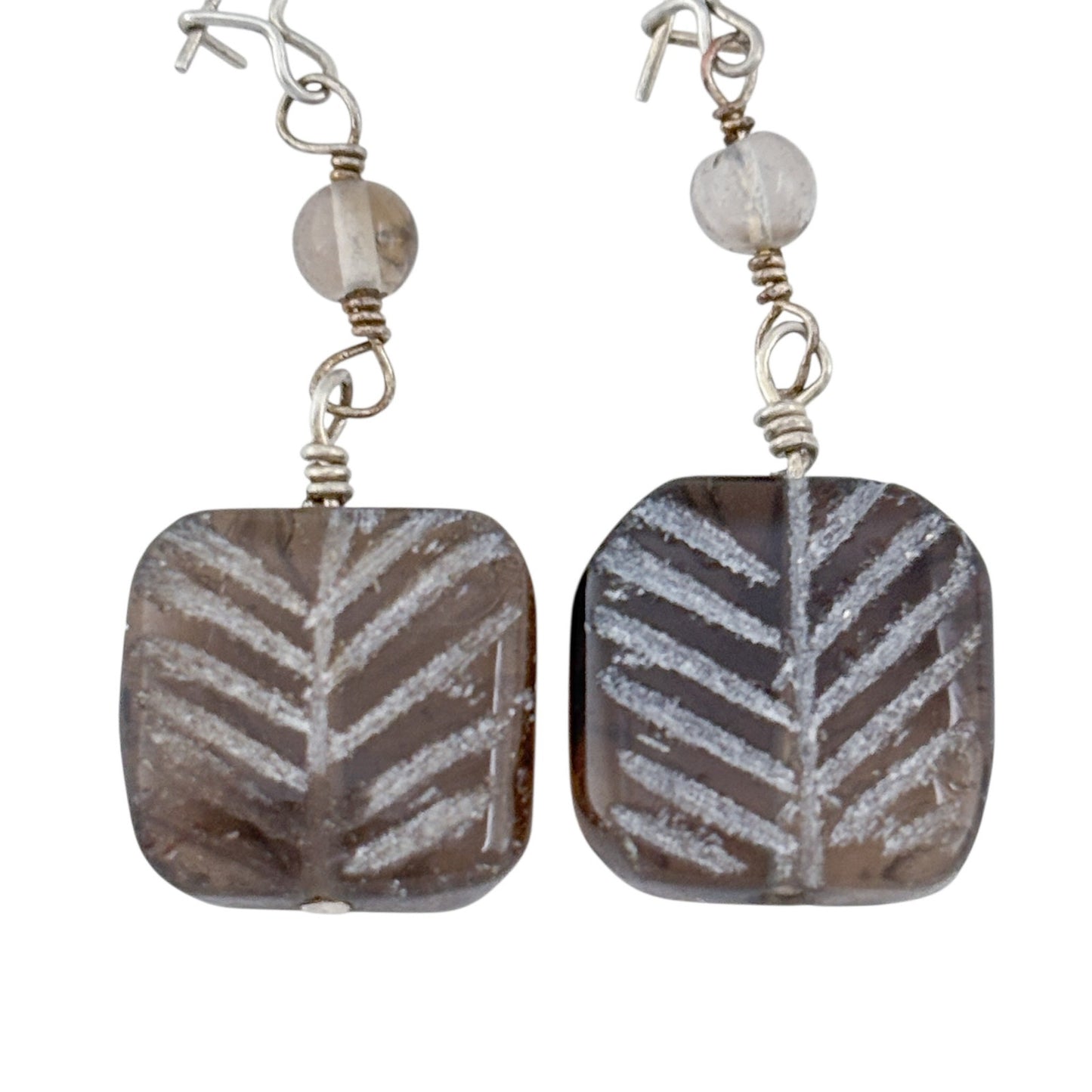 Vintage Sterling Silver 925 Smoky Quartz Etched Leaf Earrings