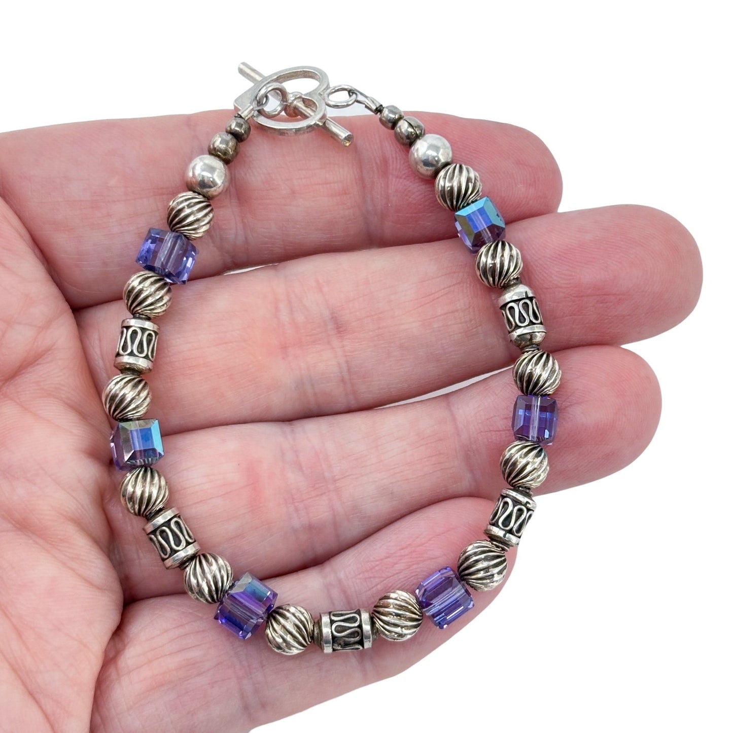 Vintage Sterling Silver 925 Iridescent Crystal Beaded Bracelet 7.5"
