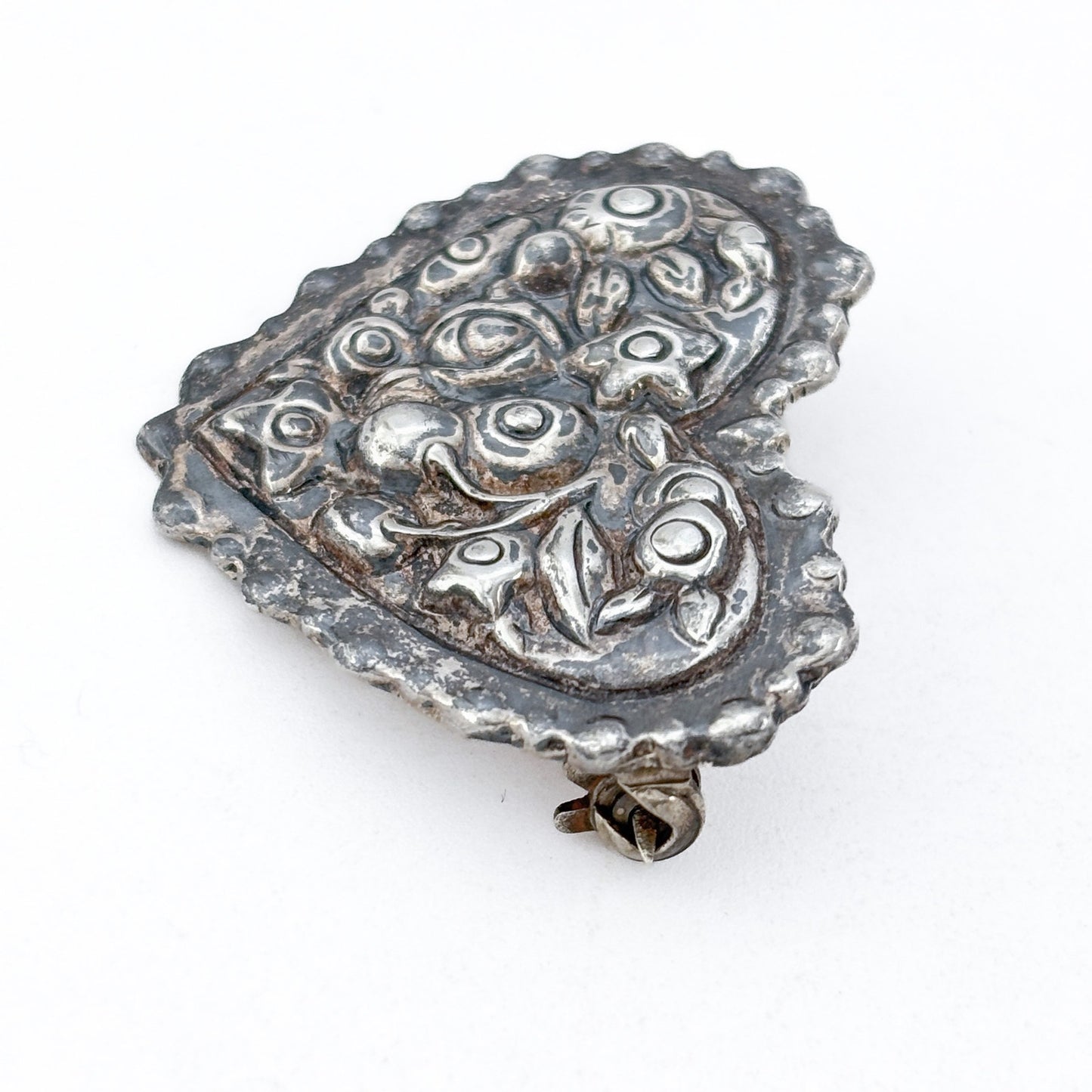 Vintage Sterling Silver 925 Heart Flower Brooch