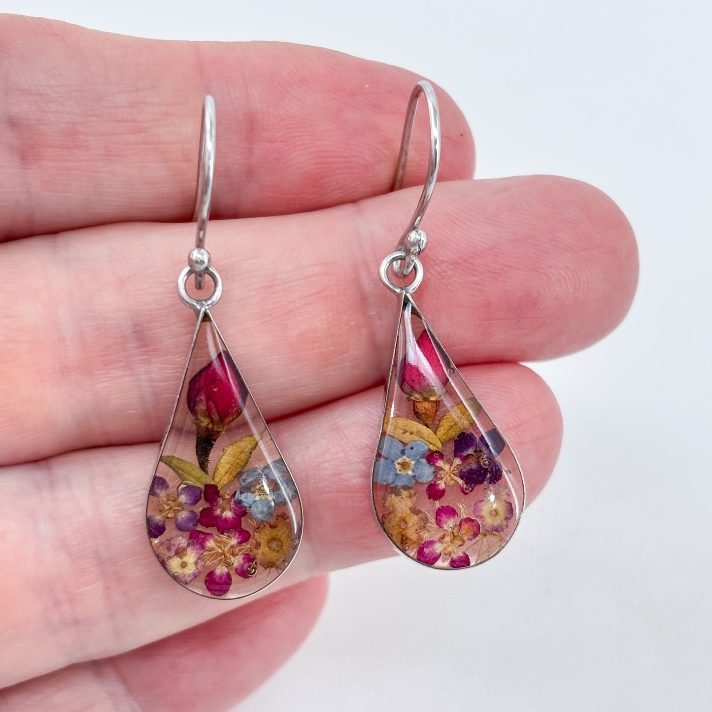 Estate Mexican Sterling Silver 925 Pressed Flower Teardrop Earrings