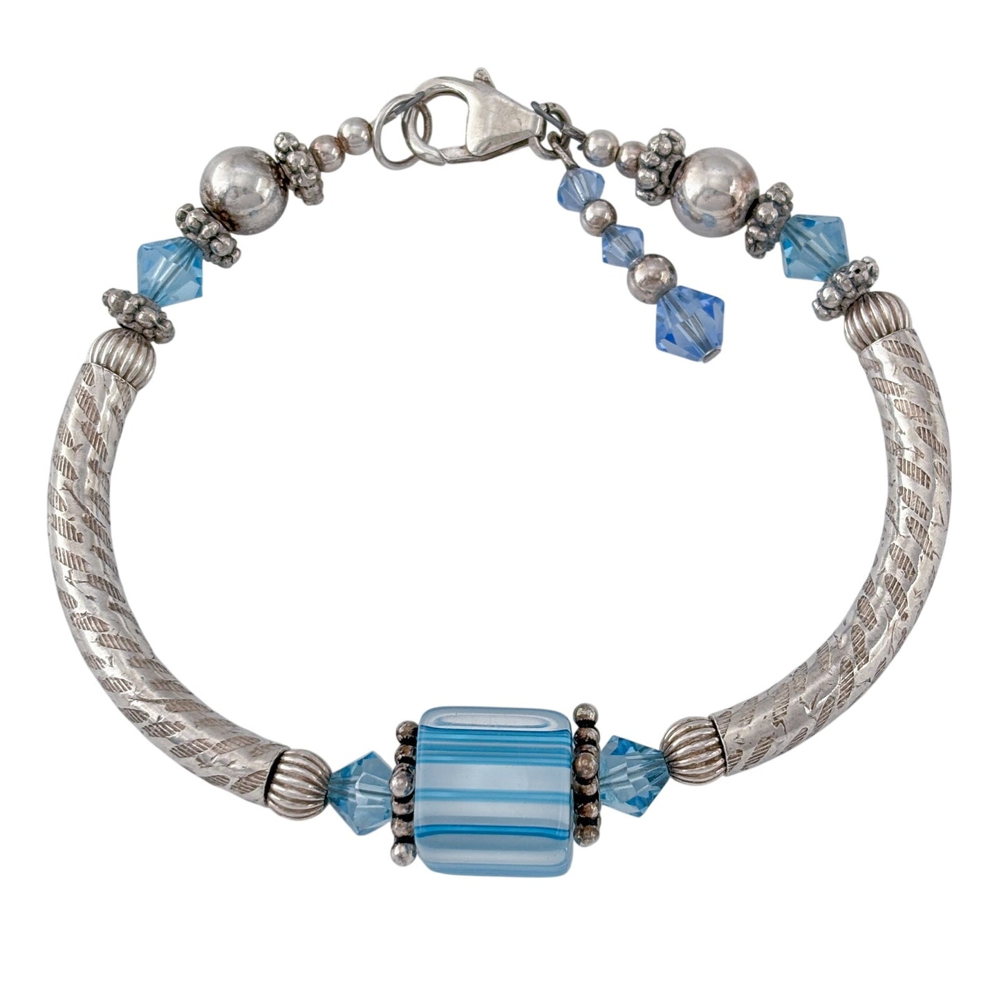 Vintage Sterling Silver 925 Blue Striped Glass Bead Bracelet 7"