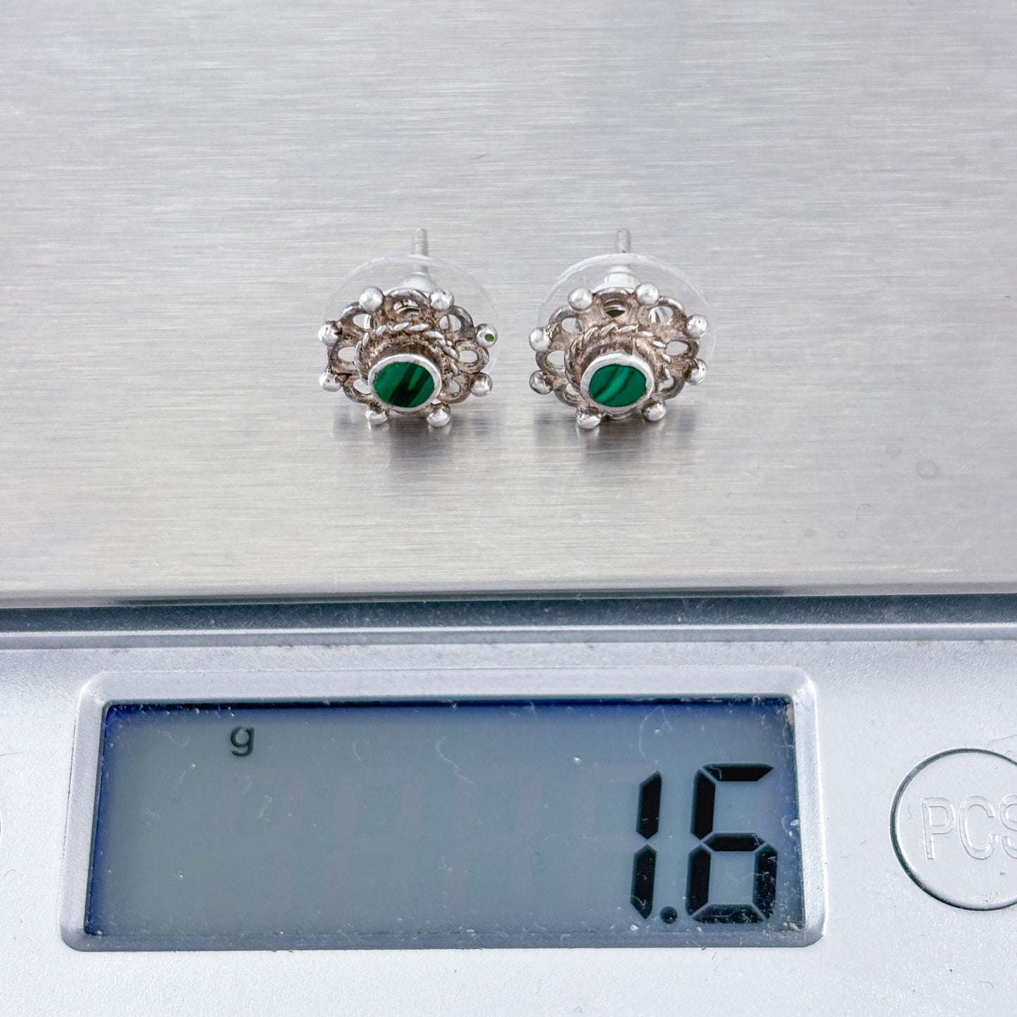 Vintage Sterling Silver 925 Malachite Filigree Stud Earrings
