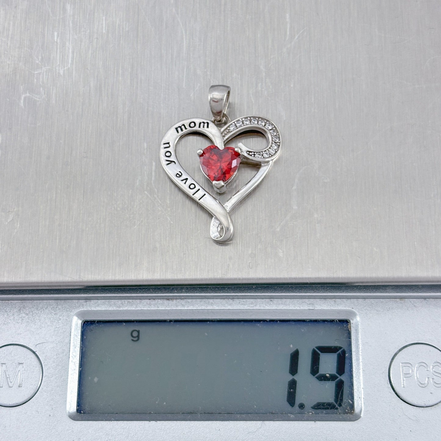 Vintage Sterling Silver 925 Simulated Ruby Mom Heart Pendant
