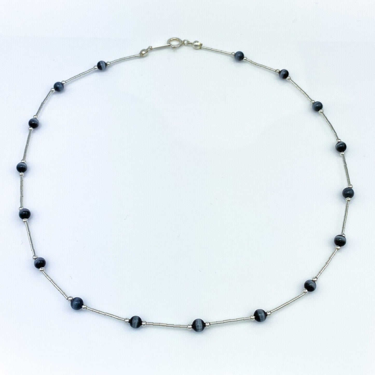 Vintage Sterling Silver 925 Black Cat’s Eye Bead Necklace 16"