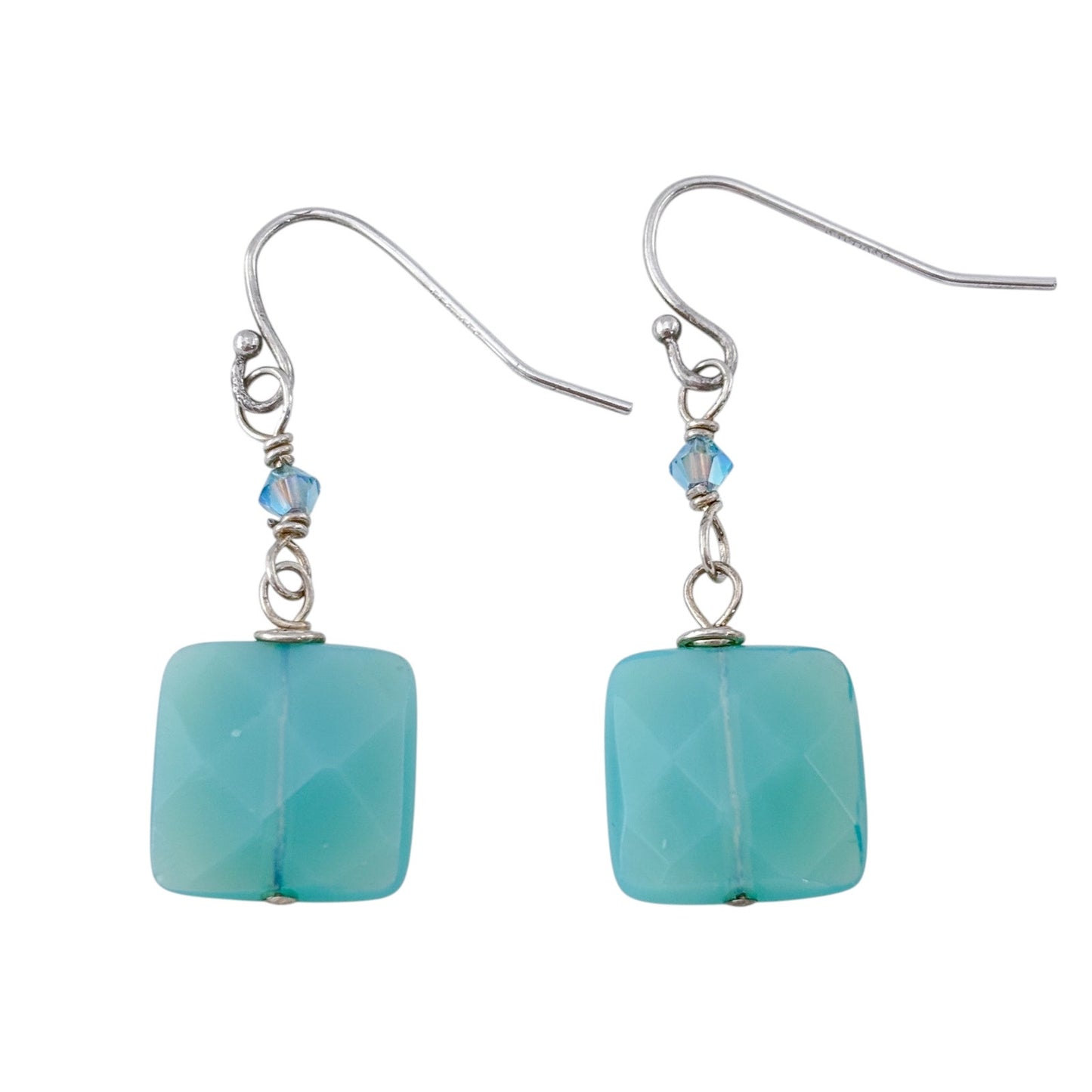 Vintage Sterling Silver 925 Crystal & Glass Square Bead Dangle Earrings