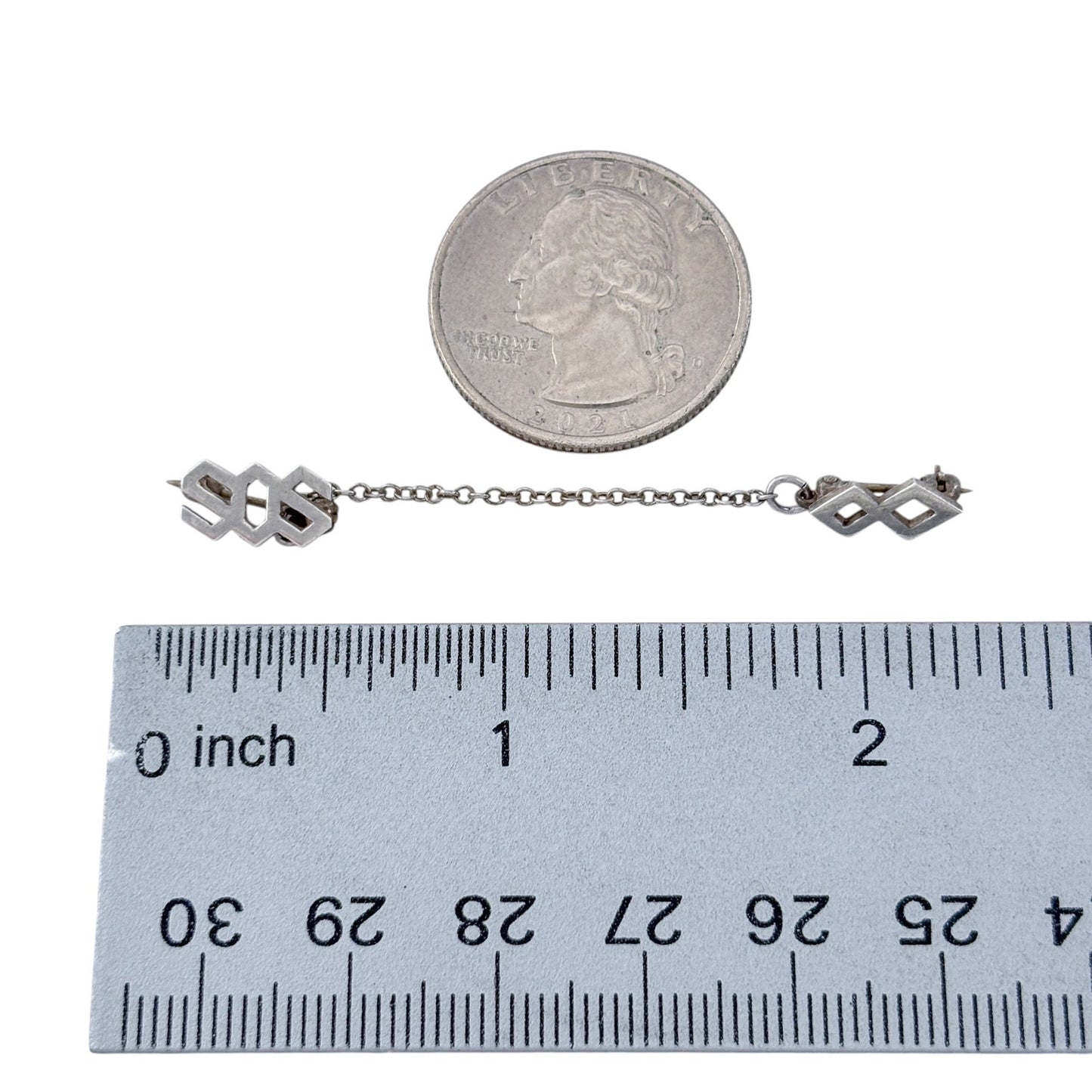 Vintage Sterling Silver SOS Geometric Dual Pin with Chain