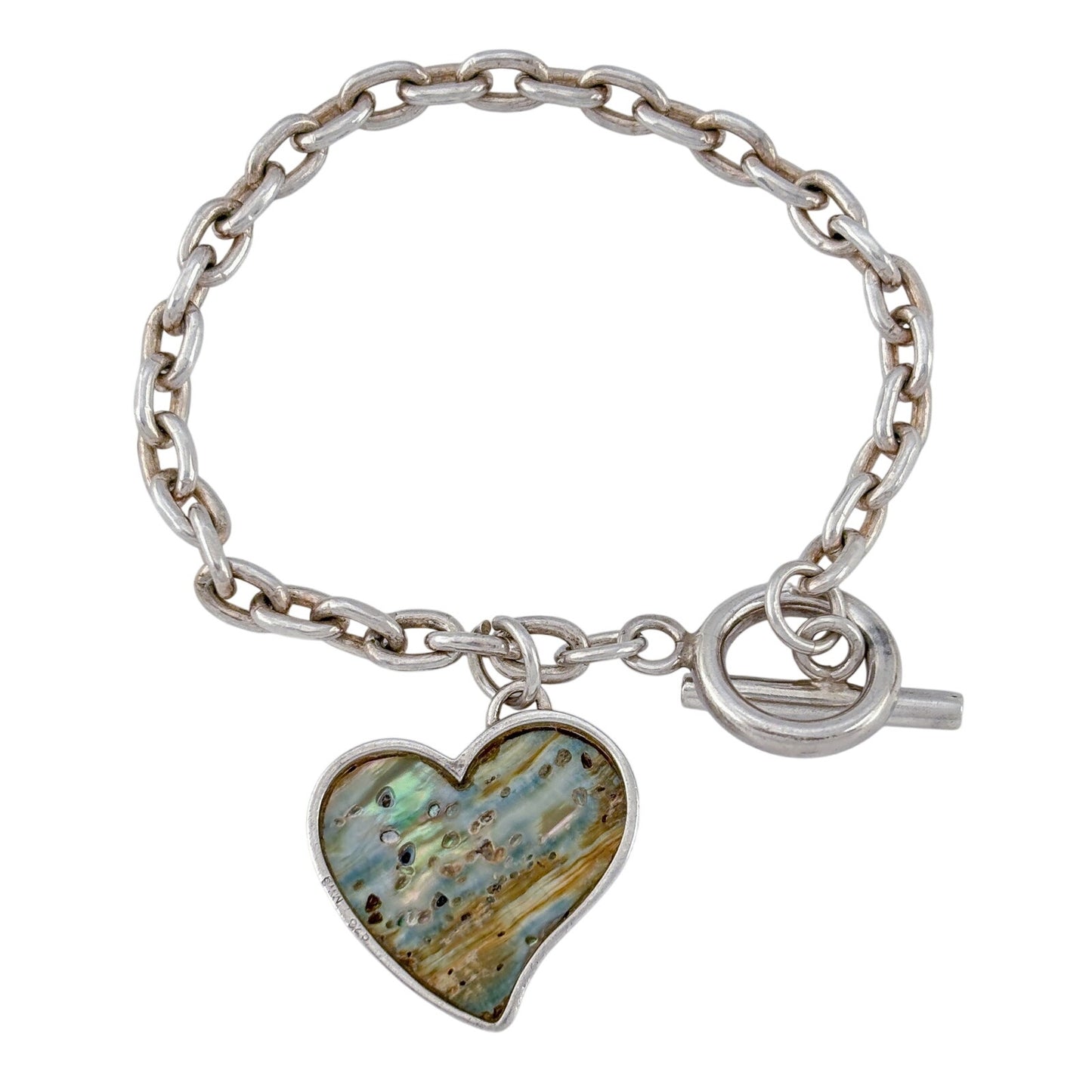 Vintage Sterling Silver 925 Abalone Heart Charm Bracelet 7"