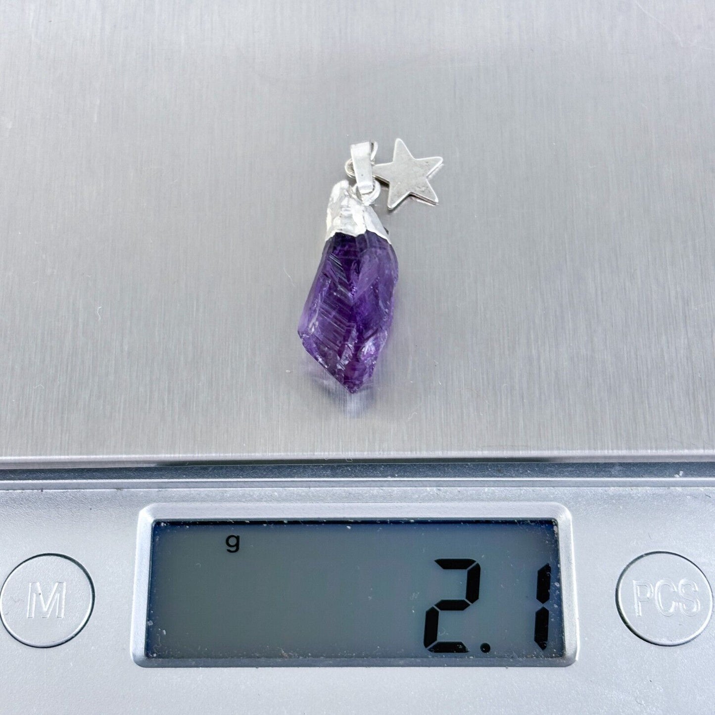 Vintage Silver-Tone Star Charm Amethyst Raw Crystal Pendant