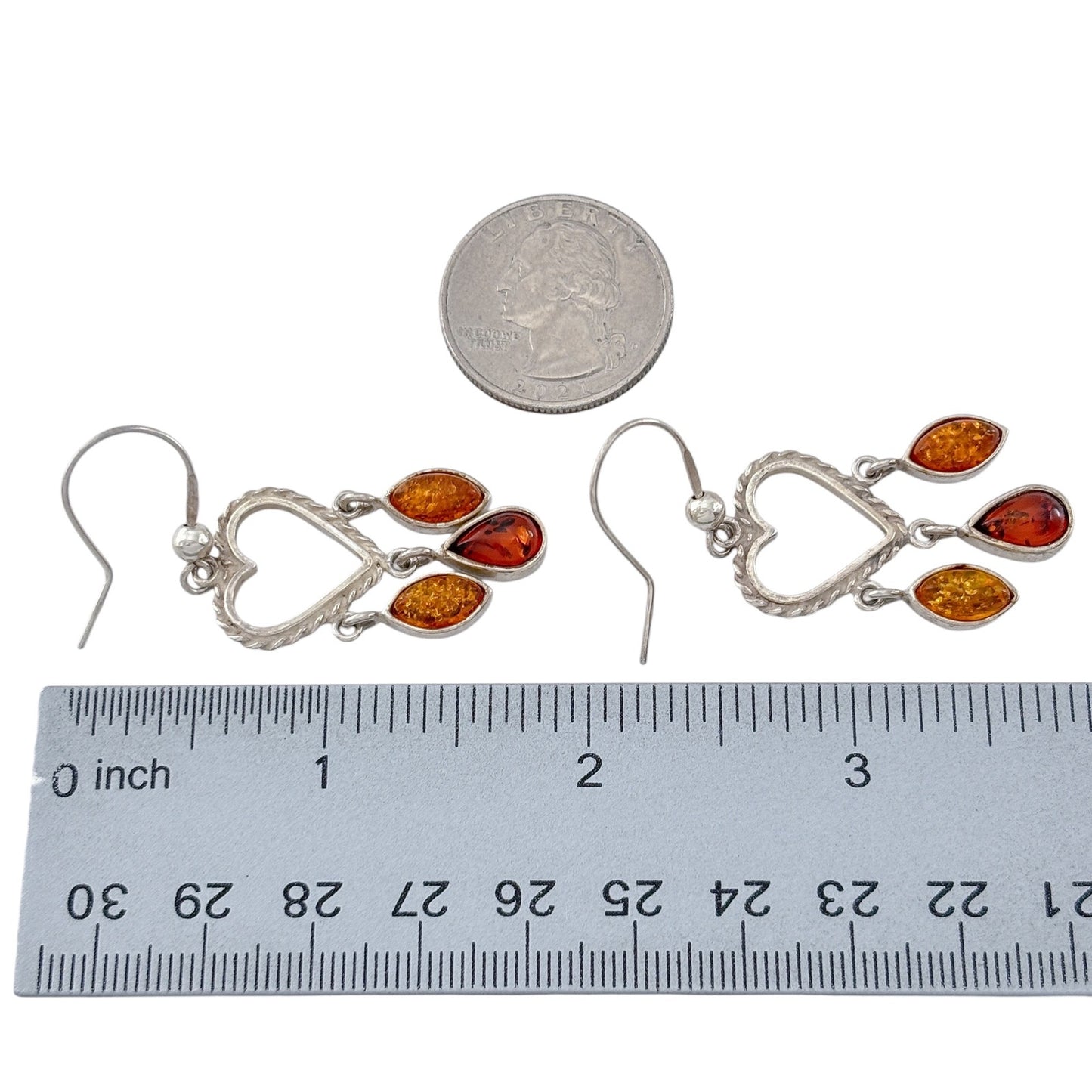Vintage Sterling Silver 925 Amber Drop Heart Dangle Earrings