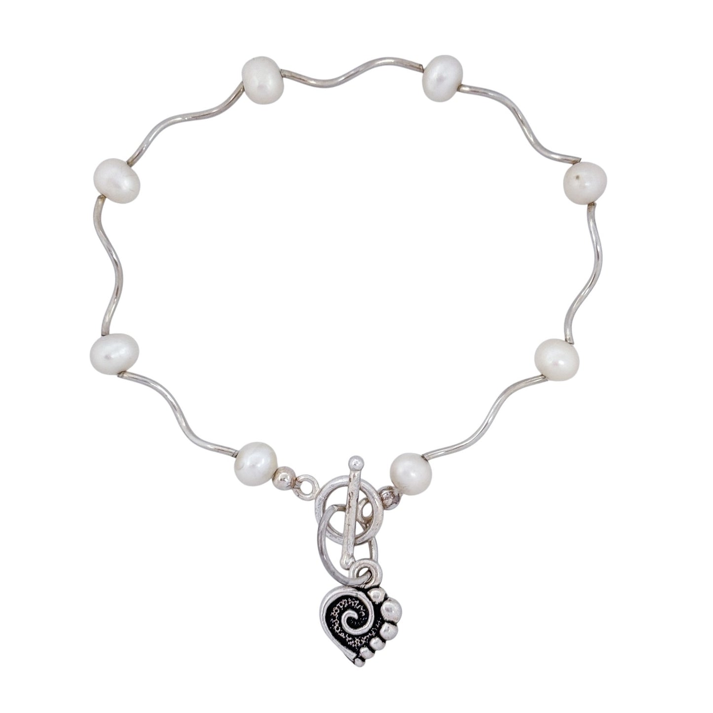 Vintage Sterling Silver 925 Pearl Heart Charm Bracelet 7"