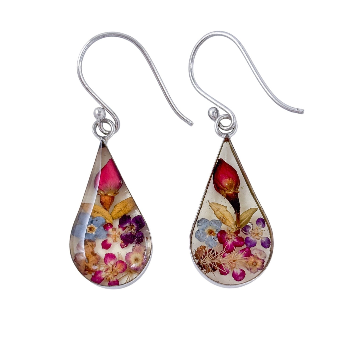 Estate Mexican Sterling Silver 925 Pressed Flower Teardrop Earrings