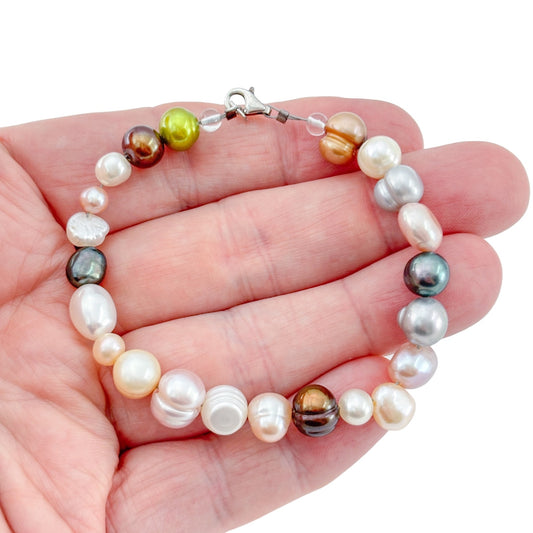 Vintage Sterling Silver 925 Multi Color Pearl Bracelet 7.5"