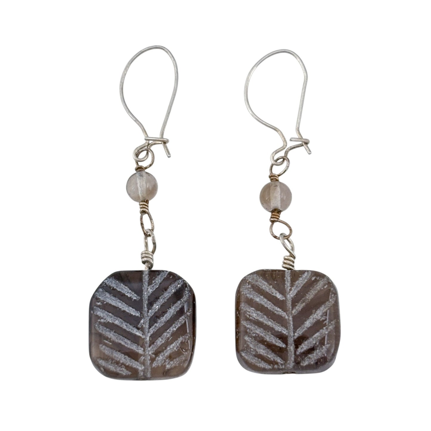 Vintage Sterling Silver 925 Smoky Quartz Etched Leaf Earrings