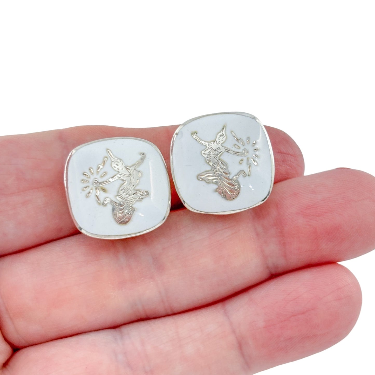 Vintage Sterling Silver 925 White Enamel Dancer Clip-On Earrings