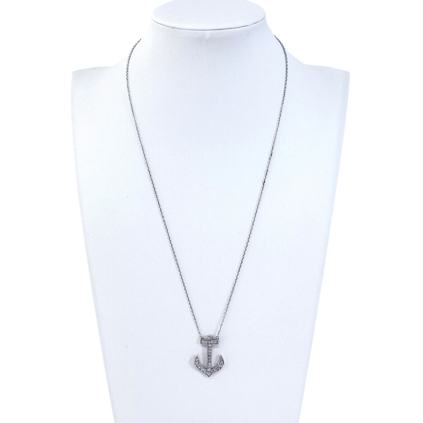 Estate Sterling Silver 925 Anchor Pendant Necklace with Cubic Zirconia 18.5"