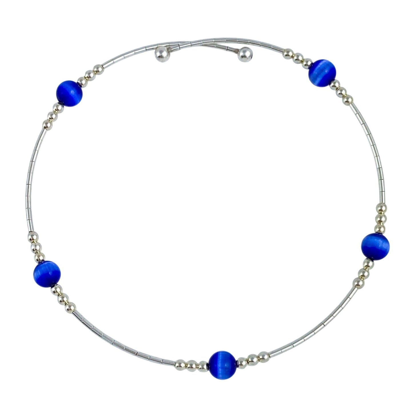 Vintage Sterling Silver 925 Blue Cat’s Eye Memory Wire Bracelet 7.5"