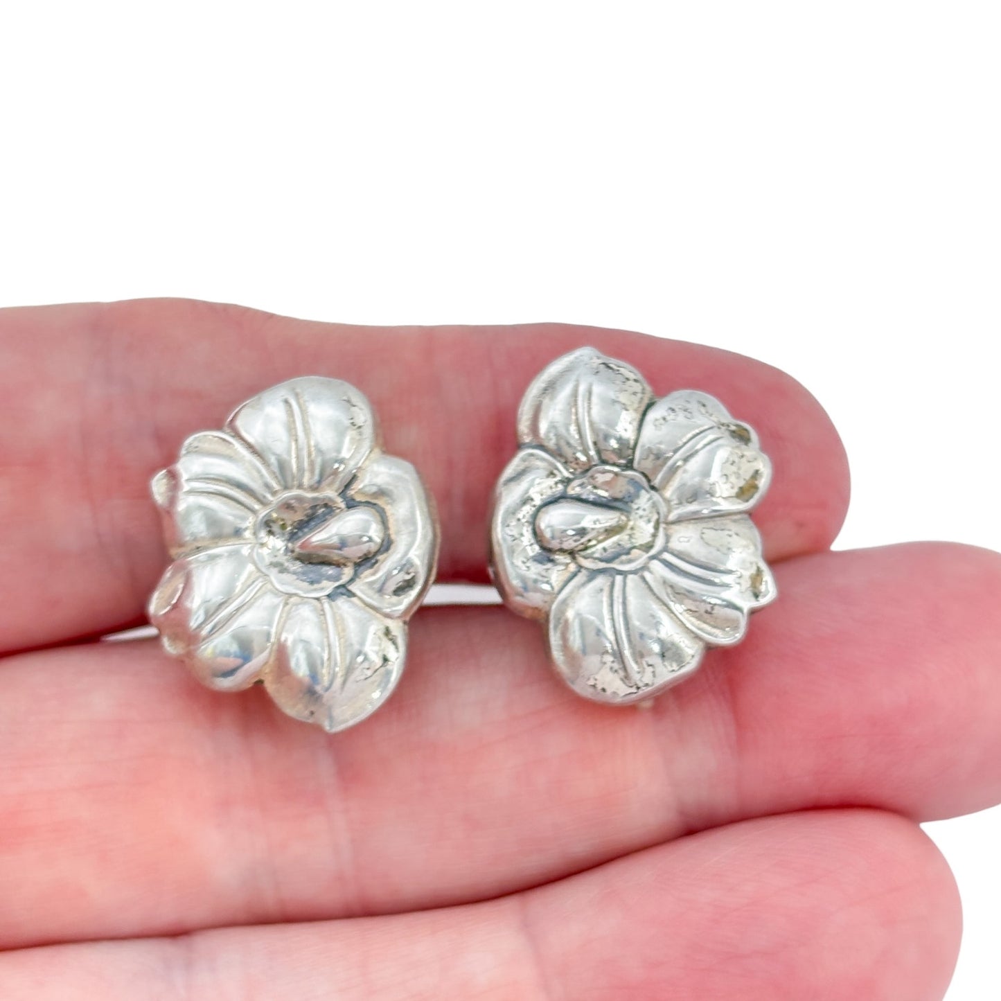 Vintage Sterling Silver 925 Flower Screwback Earrings