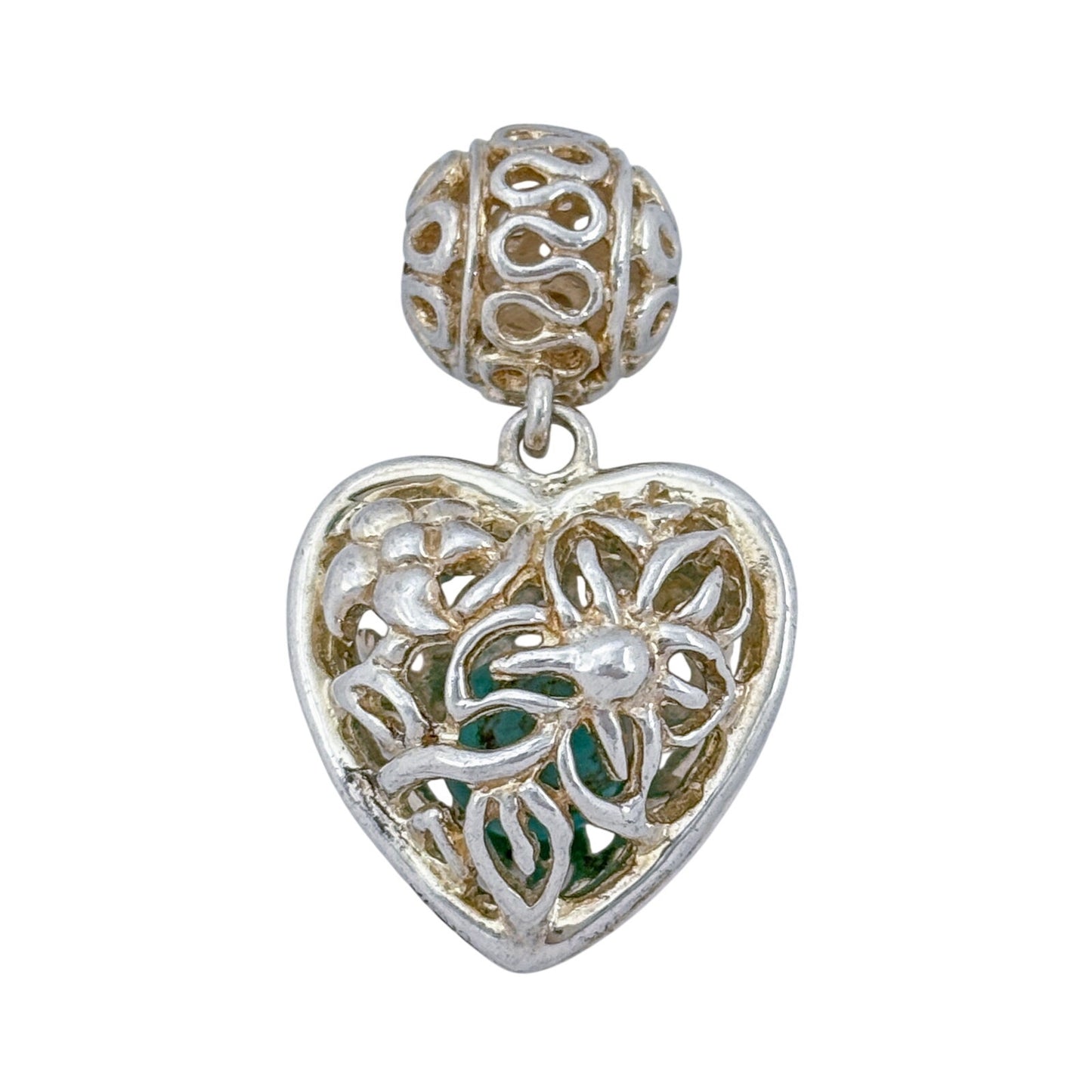 Vintage Sterling Silver 925 Green Stone Heart Cage Pendant