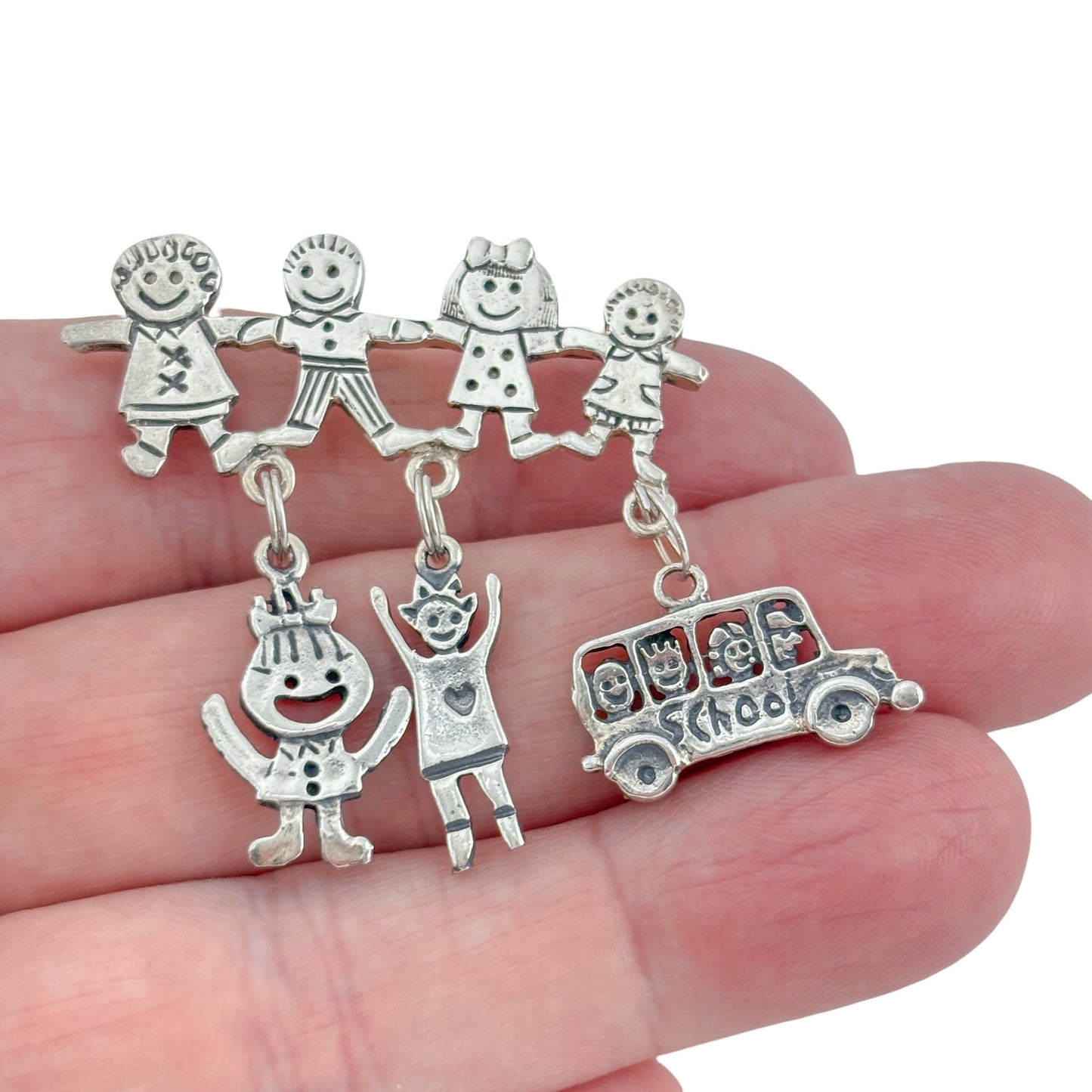 Vintage Sterling Silver 925 School Children Charm Brooch