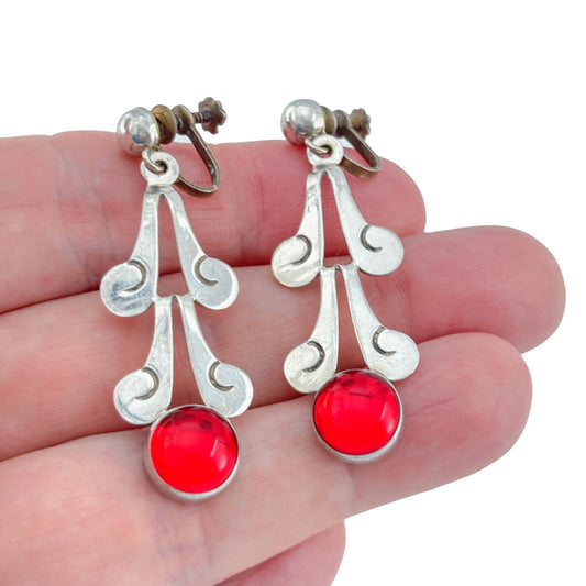 Vintage Sterling Silver 925 Red Glass Dangle Earrings