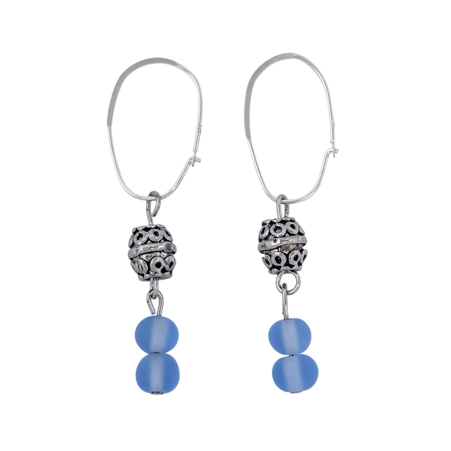 Vintage Sterling Silver 925 Blue Frosted Glass Filigree Drop Earrings
