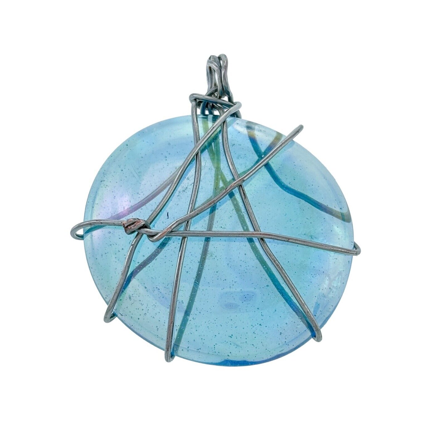 Vintage Silver-Tone Wire Wrapped Iridescent Blue Cabochon Pendant