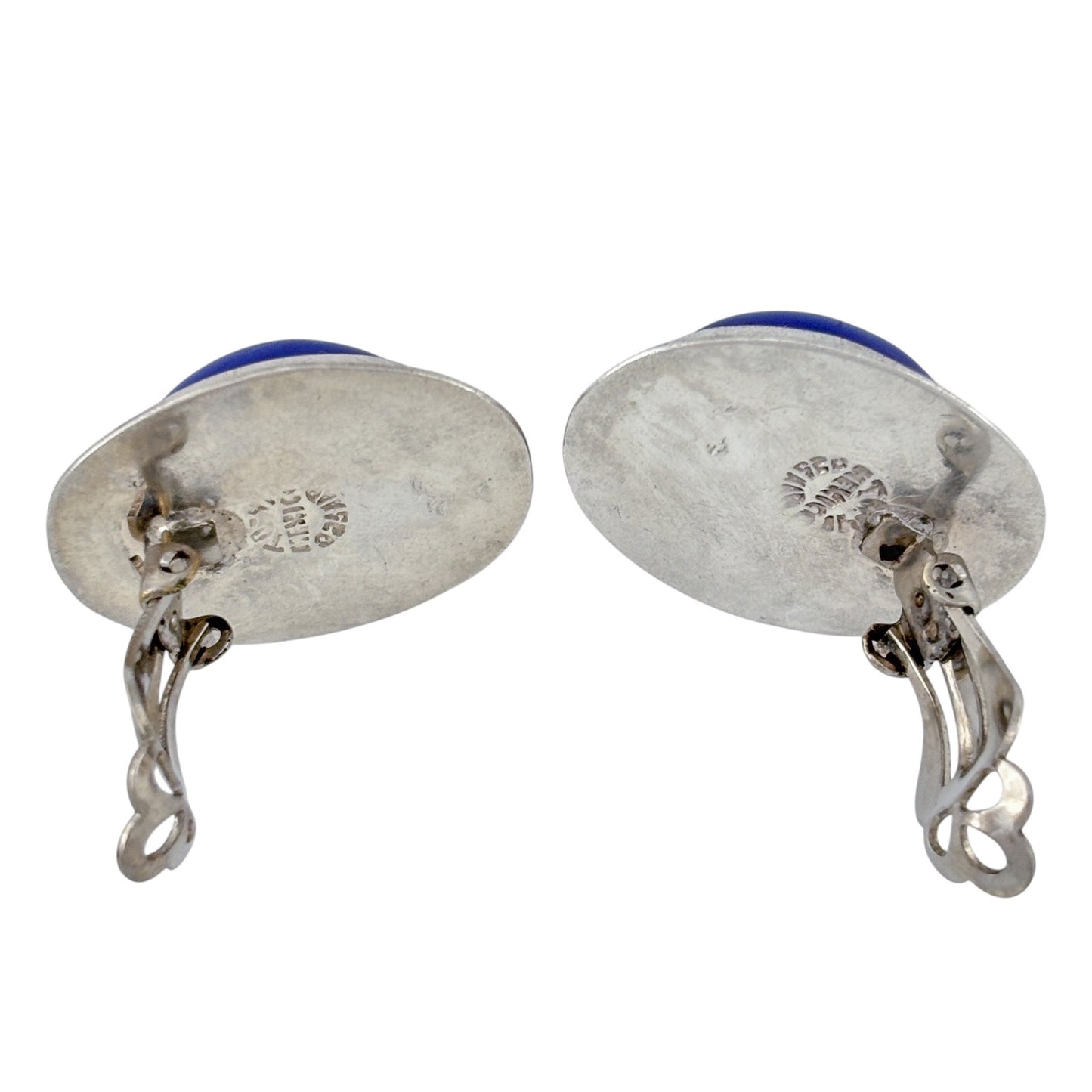 Vintage Mexican Taxco Sterling Silver 925 Blue Cabochon Clip On Earrings