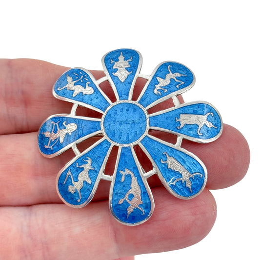 Vintage Sterling Silver 925 Siam Blue Enamel Flower Brooch