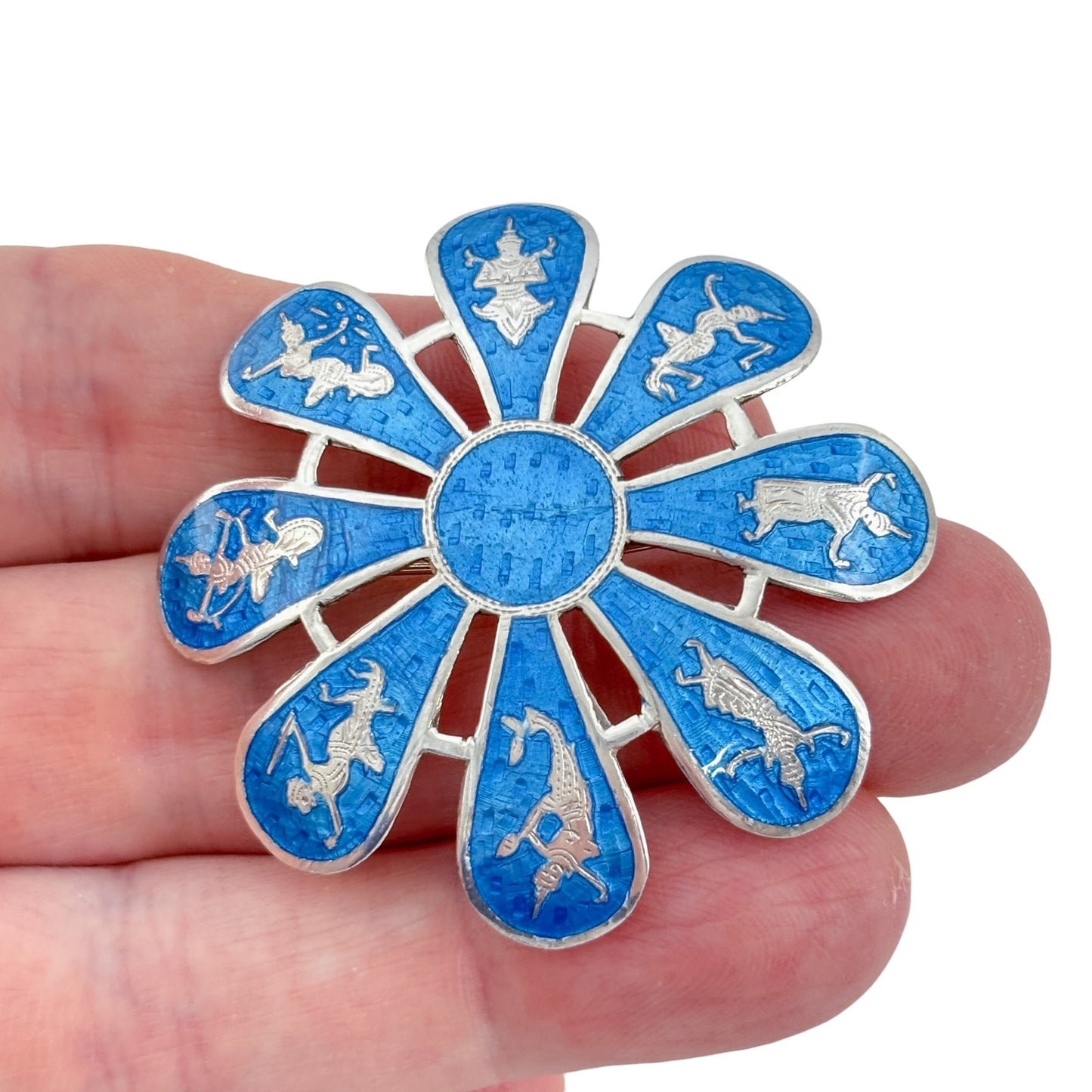 Vintage Sterling Silver 925 Siam Blue Enamel Flower Brooch