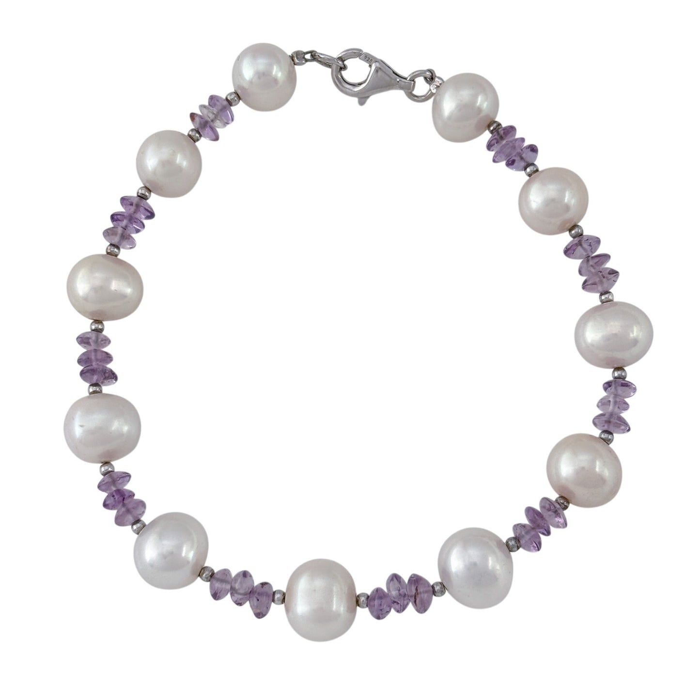 Vintage Sterling Silver 925 Pearl Amethyst Bracelet 8"