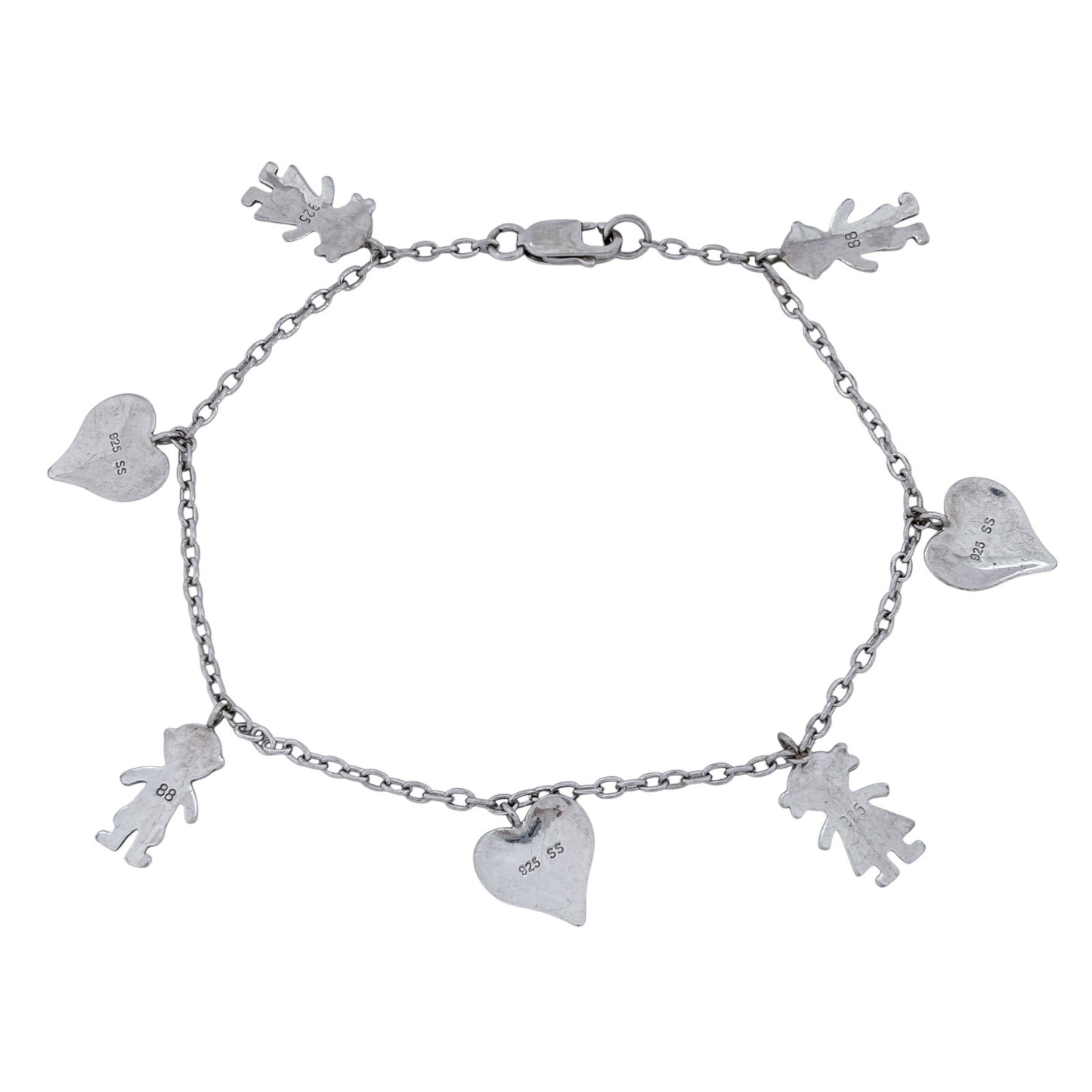 Vintage Sterling Silver 925 Family Heart Charm Bracelet 7.25"