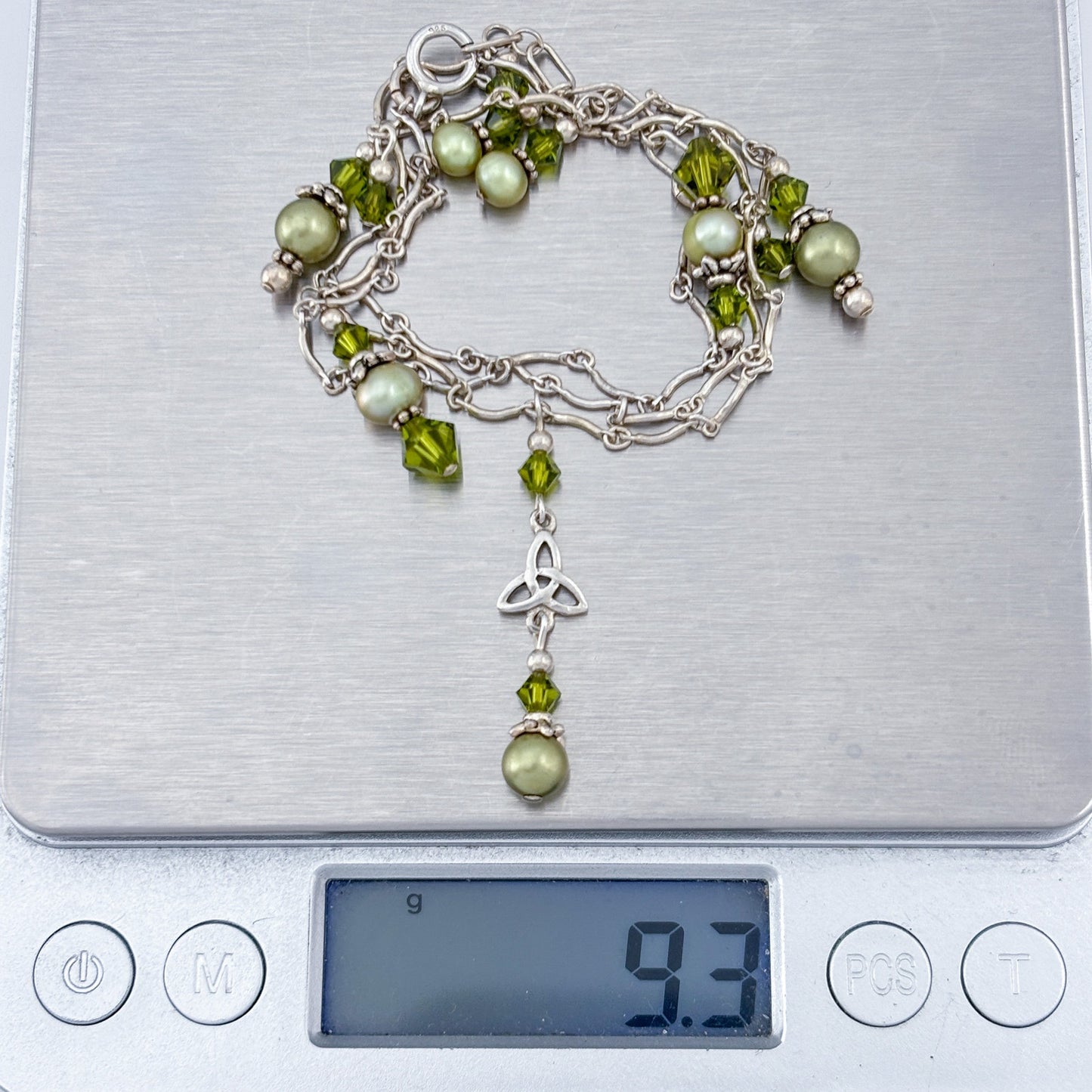Vintage Sterling Silver 925 Green Crystal Pearl Necklace 16"-17.5"
