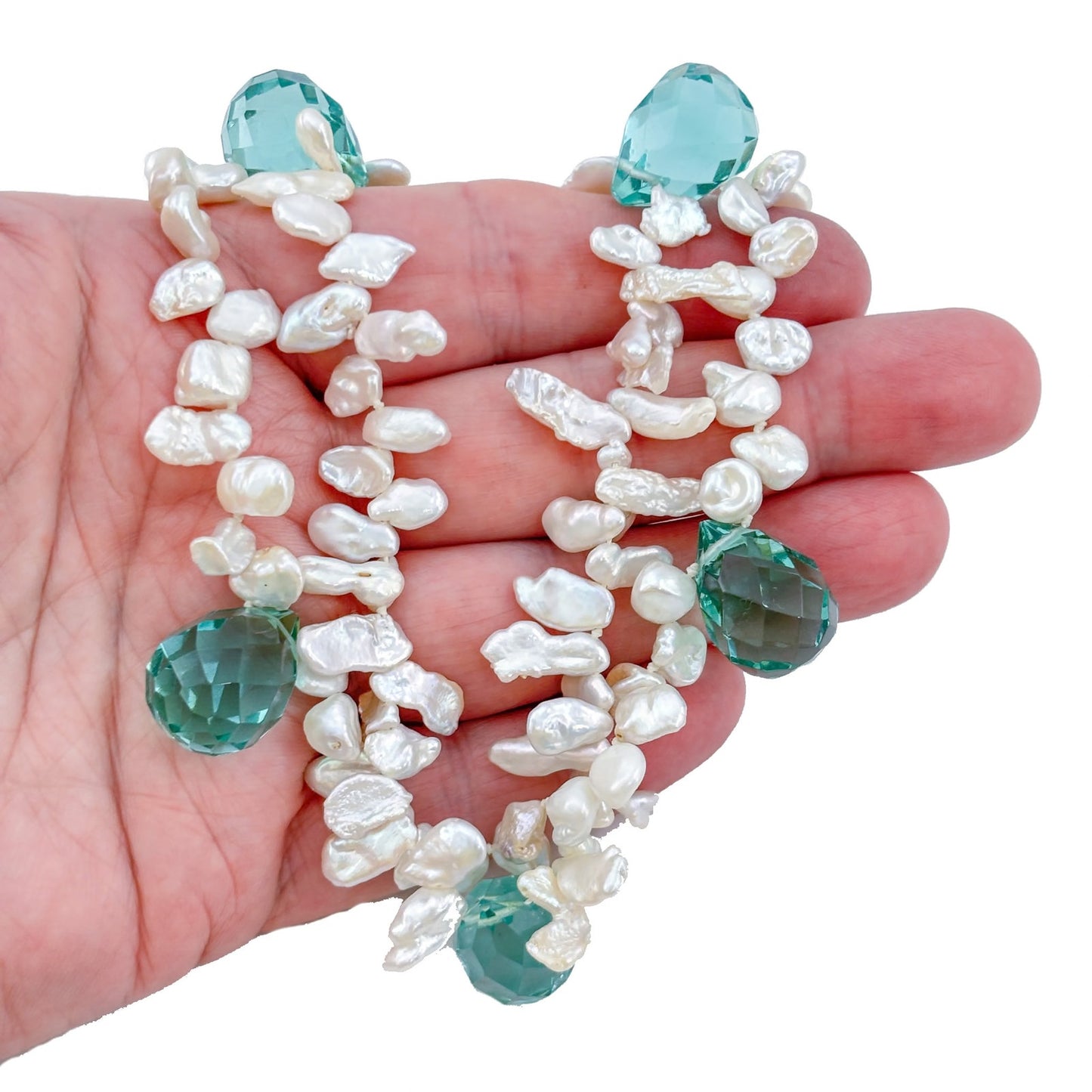 Vintage Sterling Silver 925 Pearl Teal Faceted Crystal Prism Necklace 19"