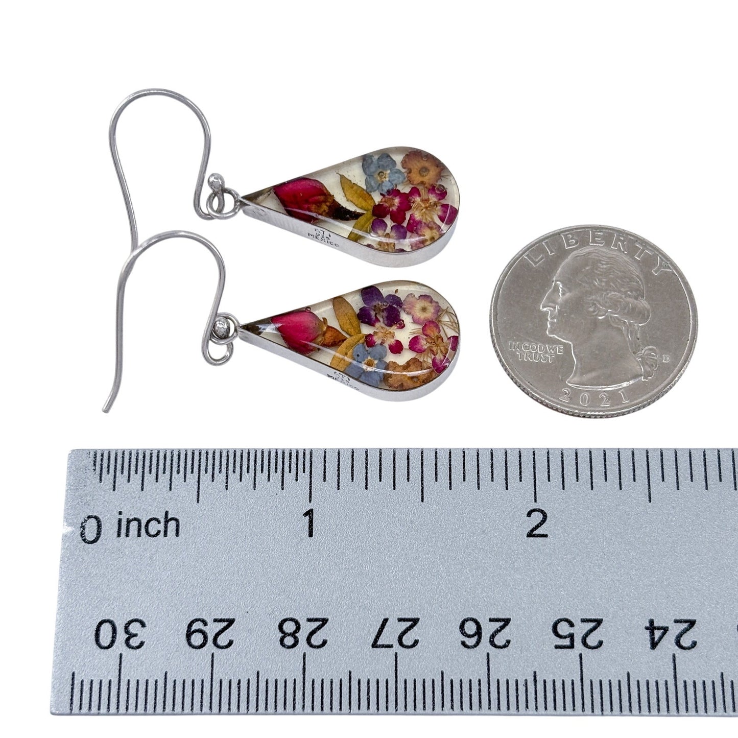 Estate Mexican Sterling Silver 925 Pressed Flower Teardrop Earrings