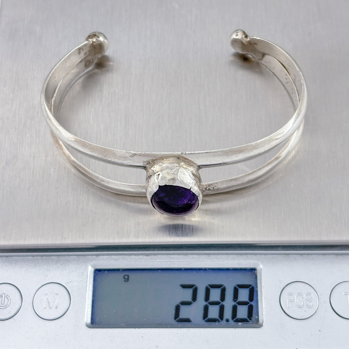 Vintage Sterling Silver 925 Sandcast Amethyst Cuff Bracelet 6.5"