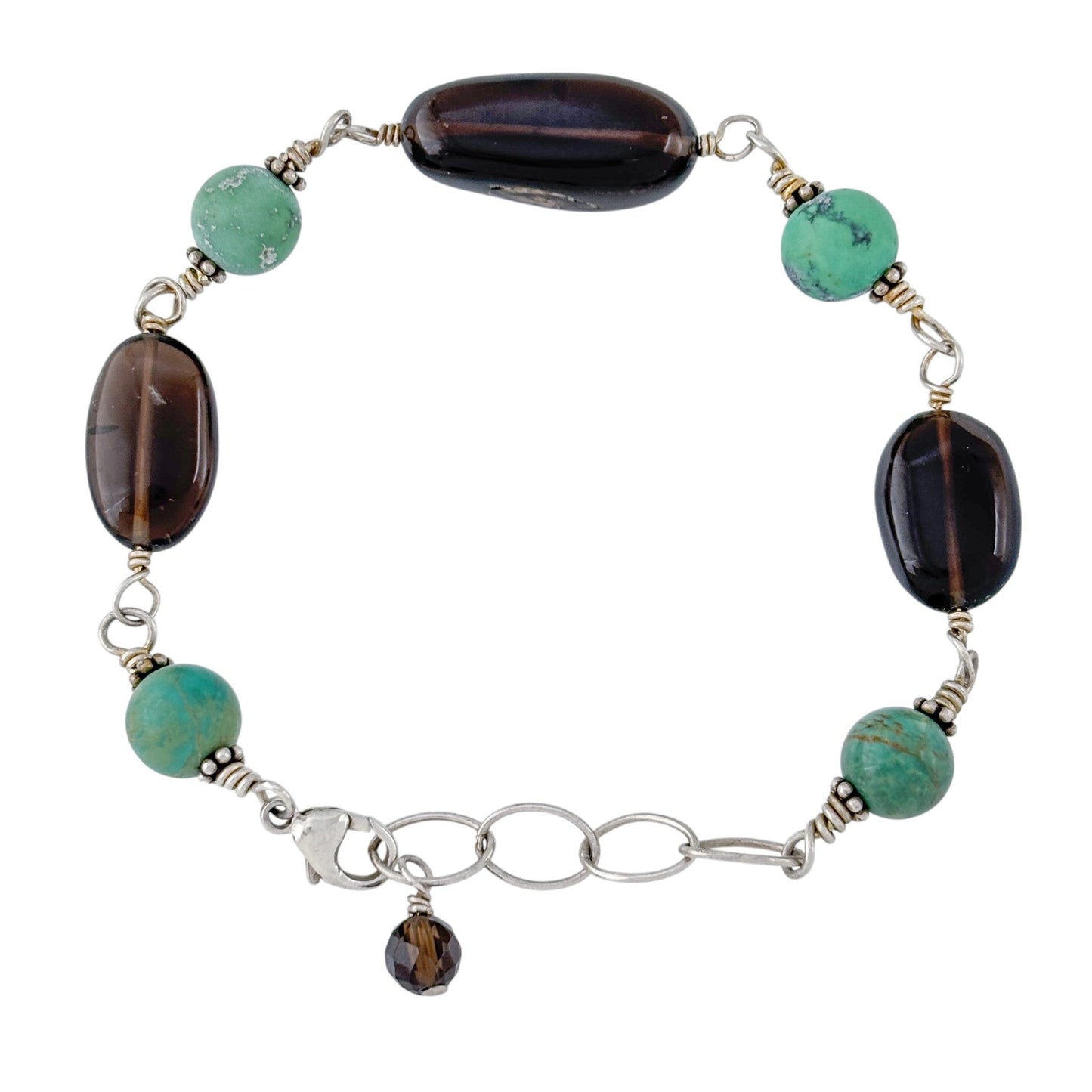 Vintage Sterling Silver 925 Turquoise Smoky Quartz Bracelet 7.5"-8.5"
