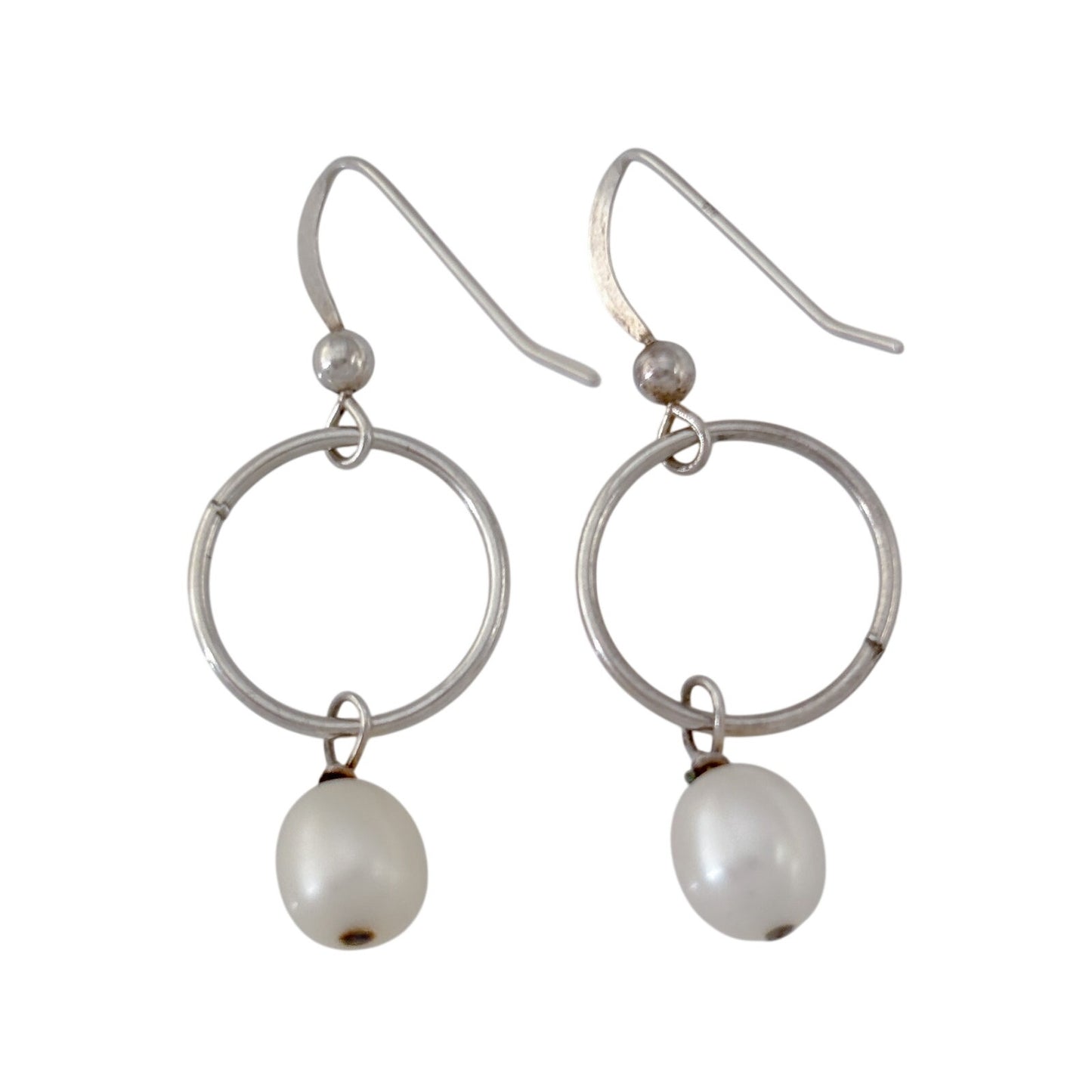 Vintage Sterling Silver 925 White Pearl Hoop Dangle Earrings
