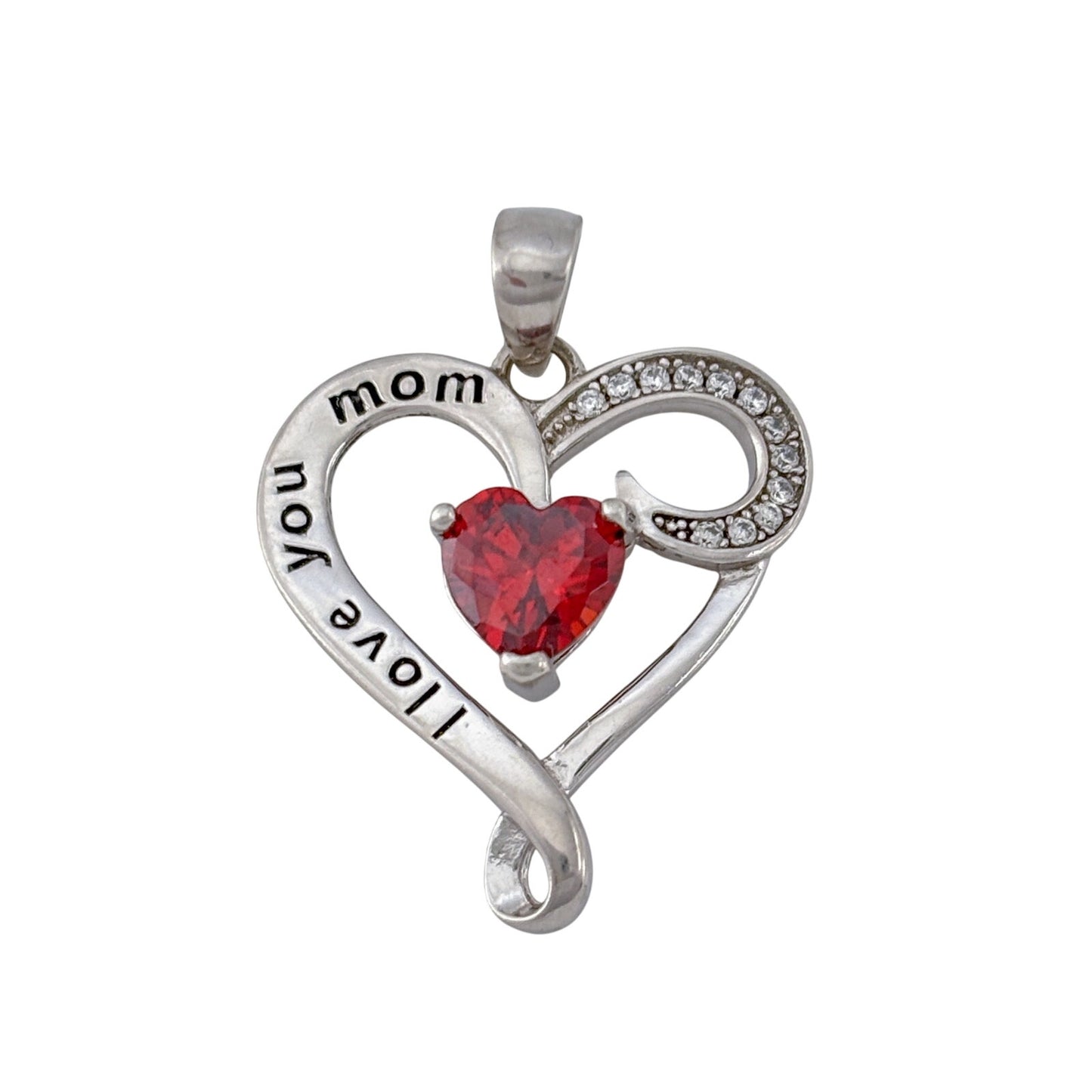 Vintage Sterling Silver 925 Simulated Ruby Mom Heart Pendant