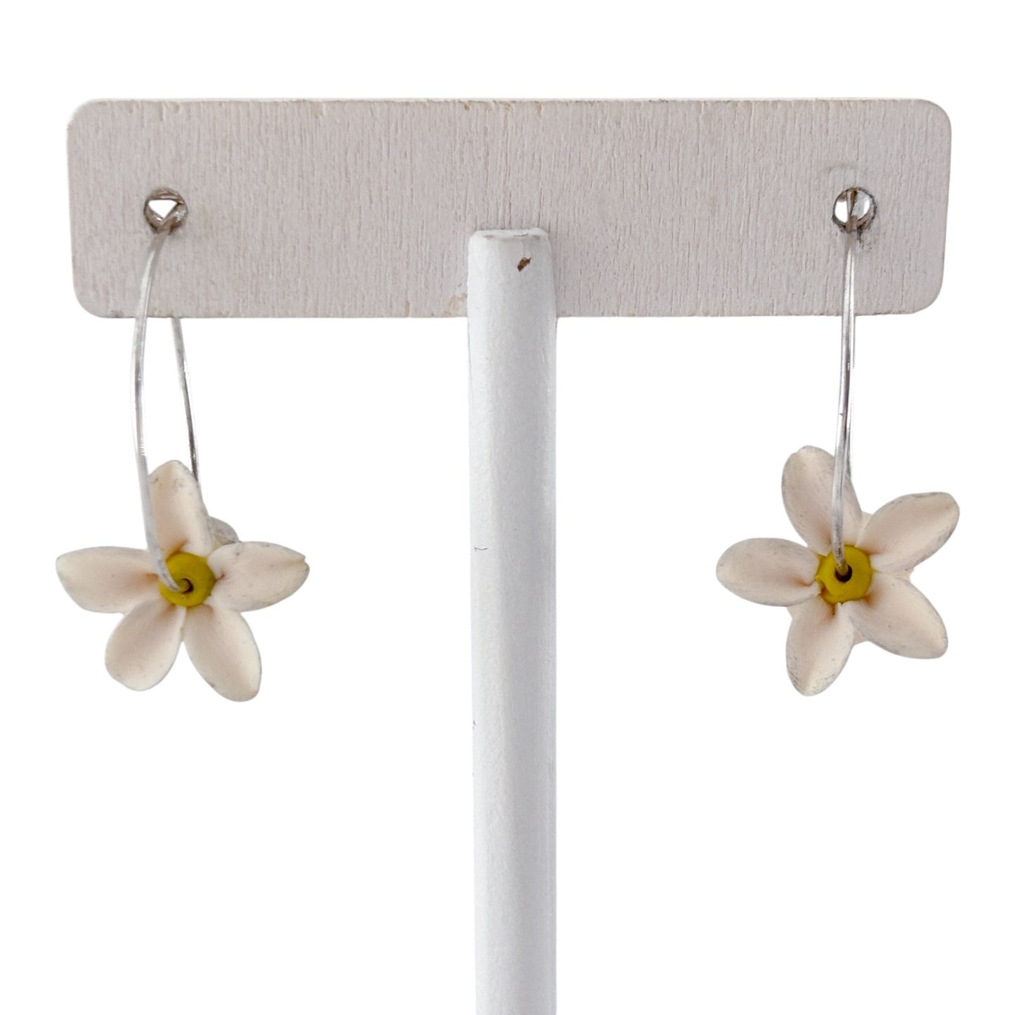 Vintage Sterling Silver 925 White Flower Hoop Earrings