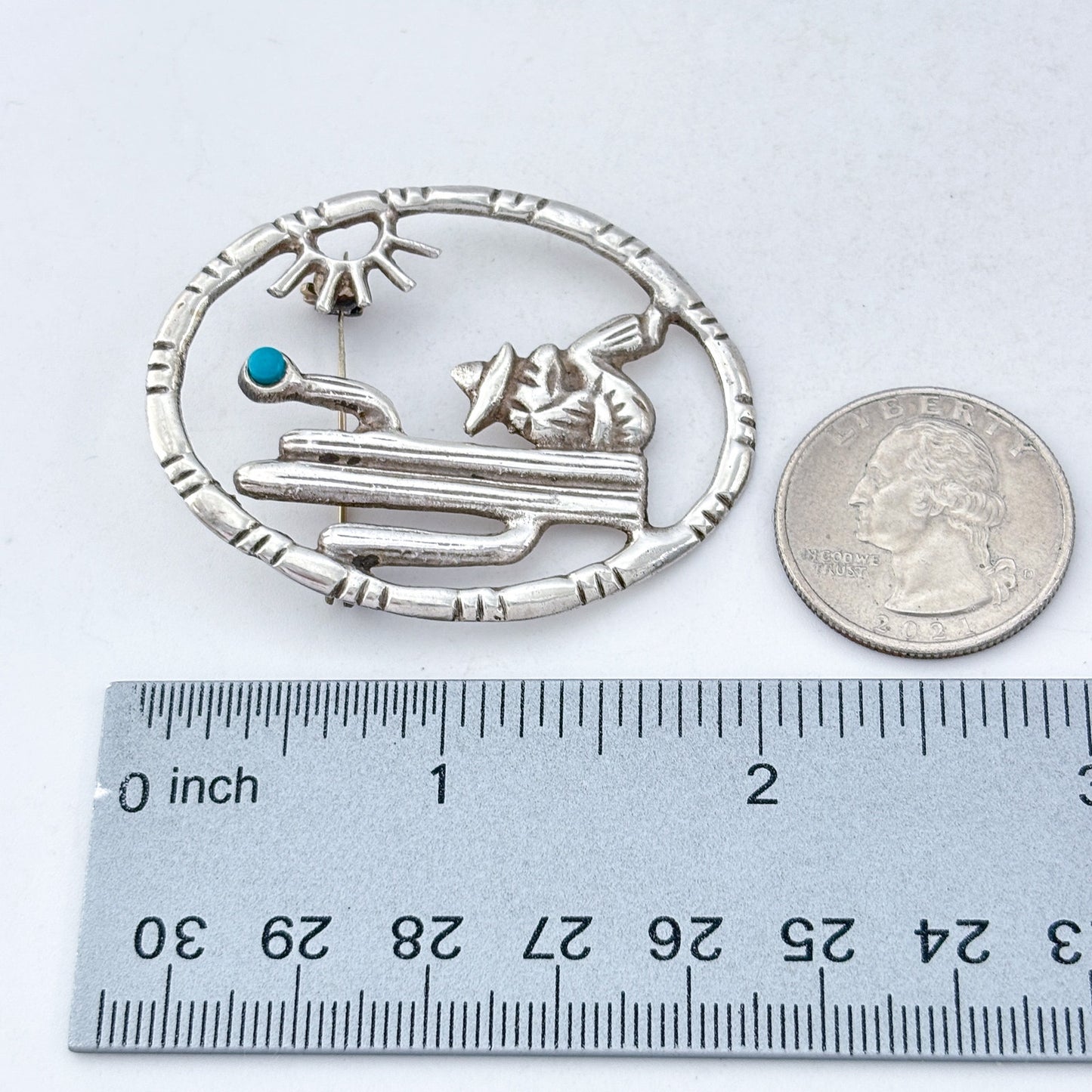Vintage Sterling Silver 925 Turquoise Saguaro Cactus Brooch