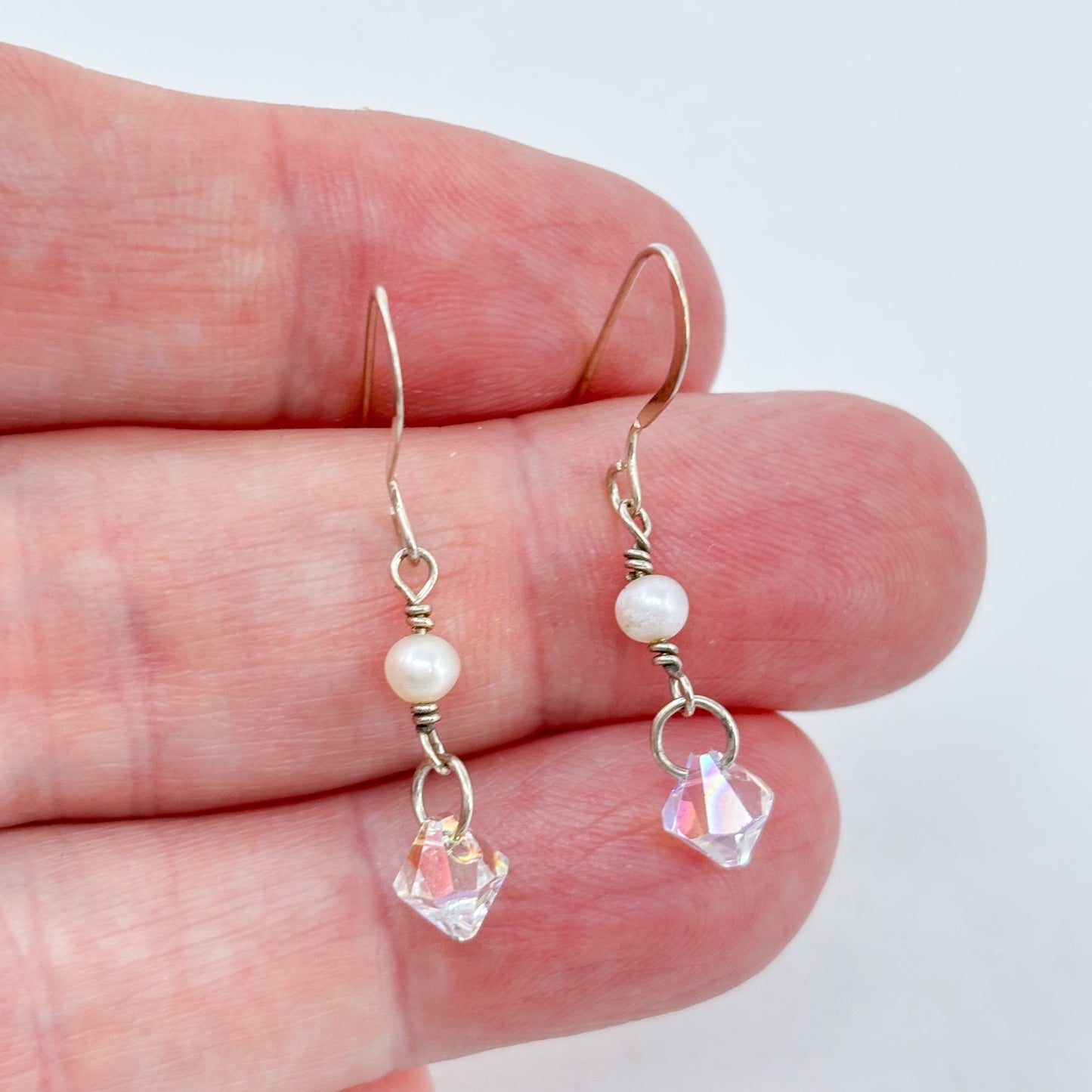 Estate Sterling Silver 925 Pearl Crystal Dangle Earrings