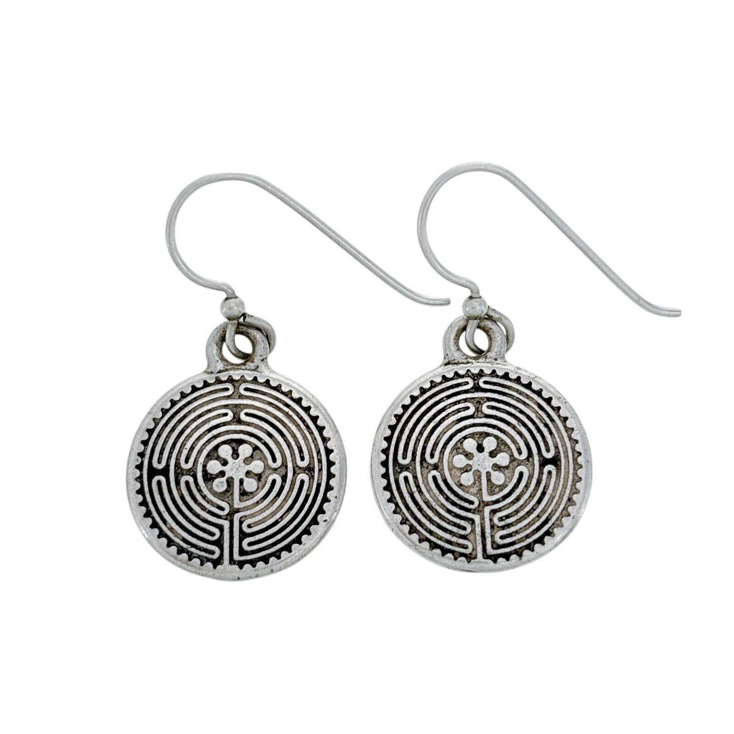 Vintage Silver-Plated Labyrinth Design Dangle Earrings