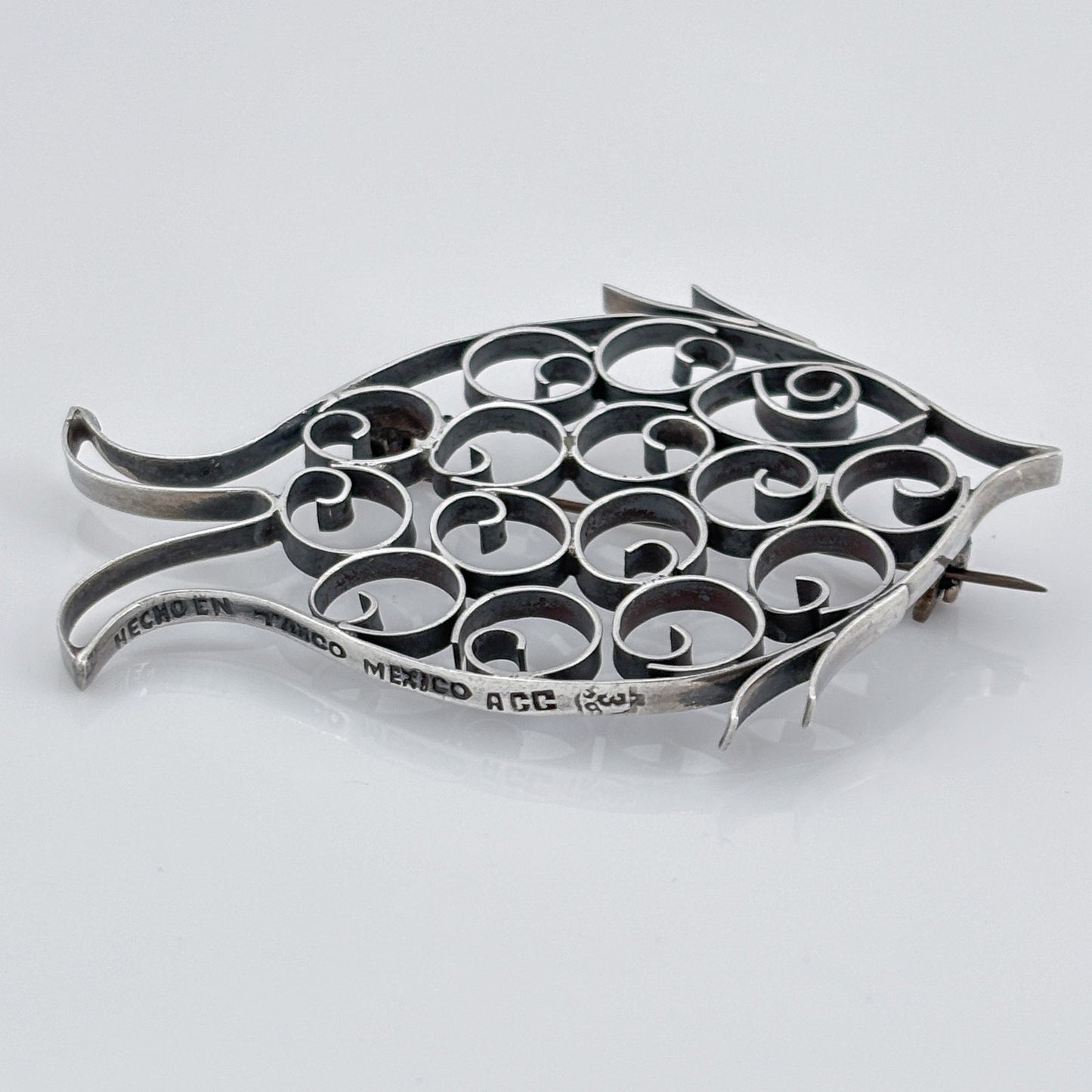 Vintage Mexico Taxco Sterling Silver 925 Fish Filigree Brooch