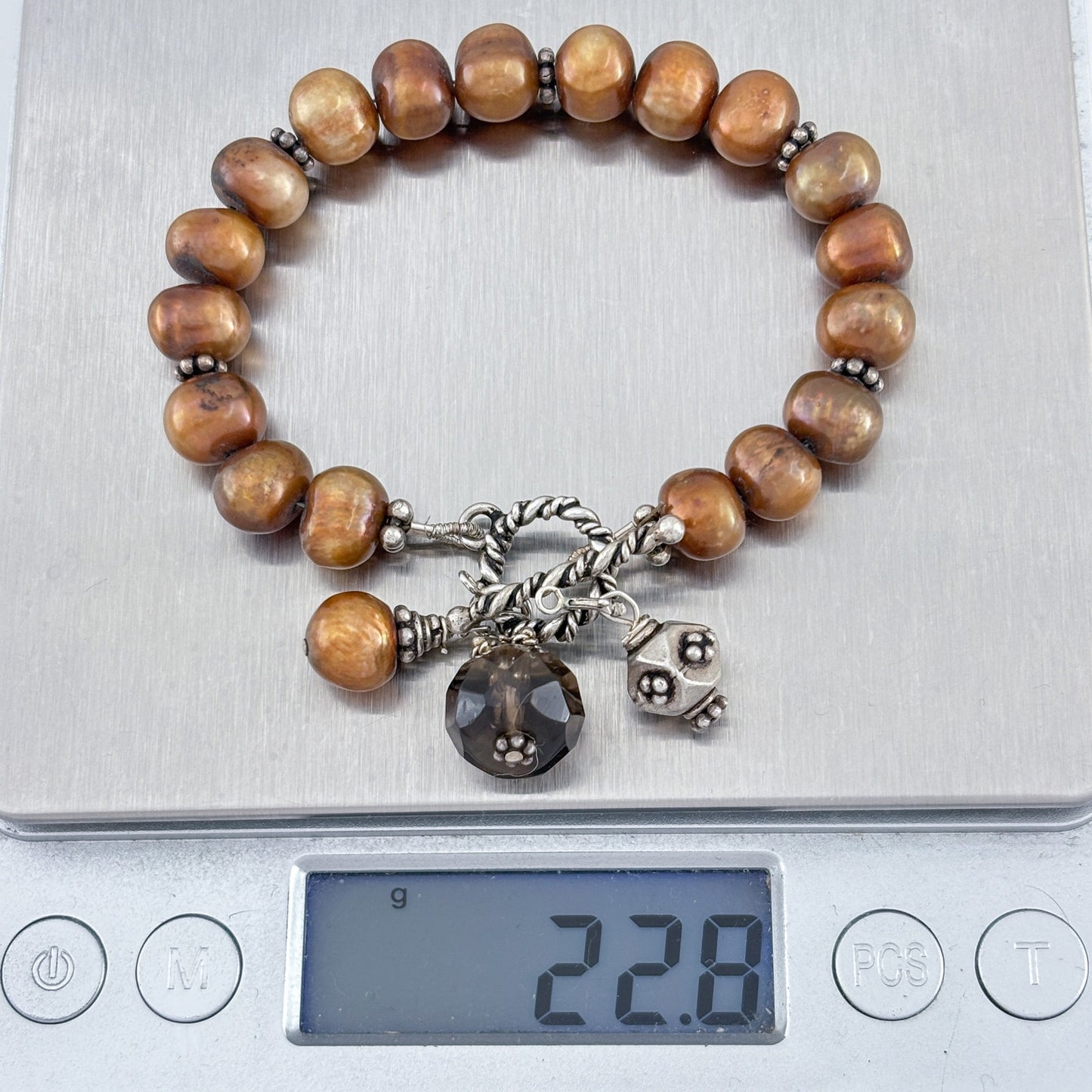 Vintage Sterling Silver 925 Brown Pearl Beaded Charm Bracelet 6.75"